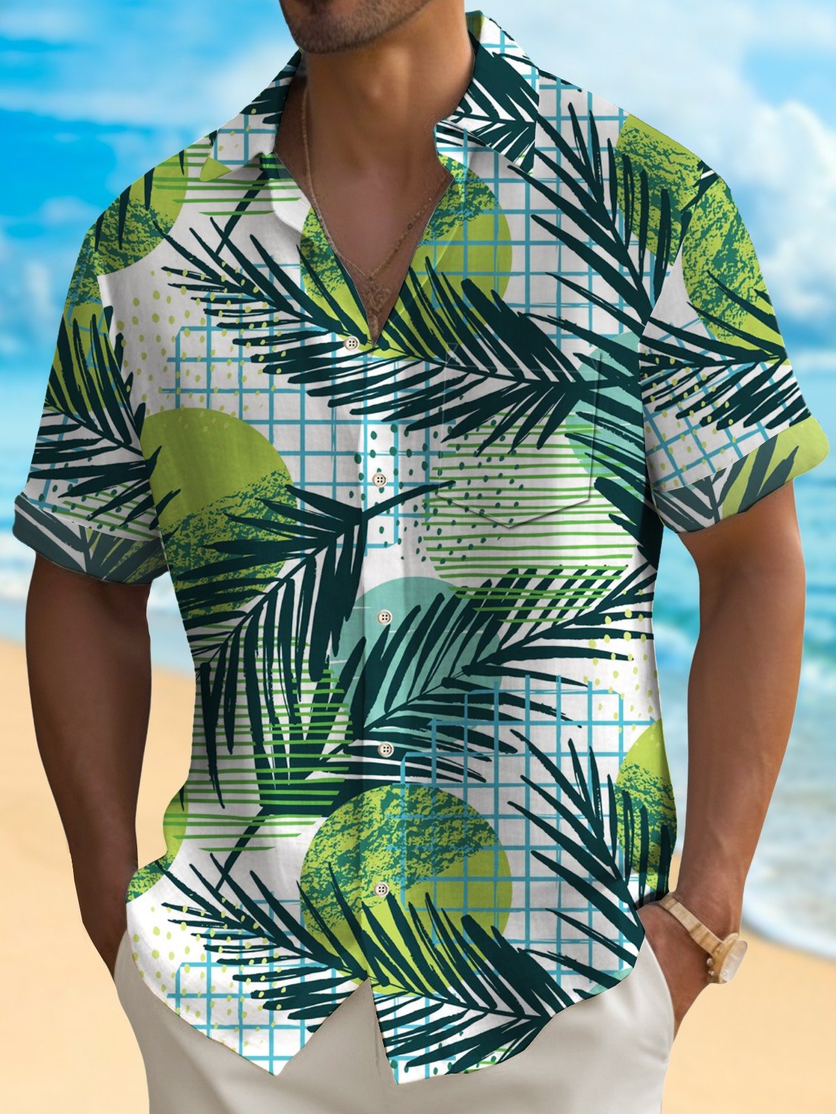 Royaura® Hawaiian Shirt Botanical Geometric Print Men's Button Pocket Shirt