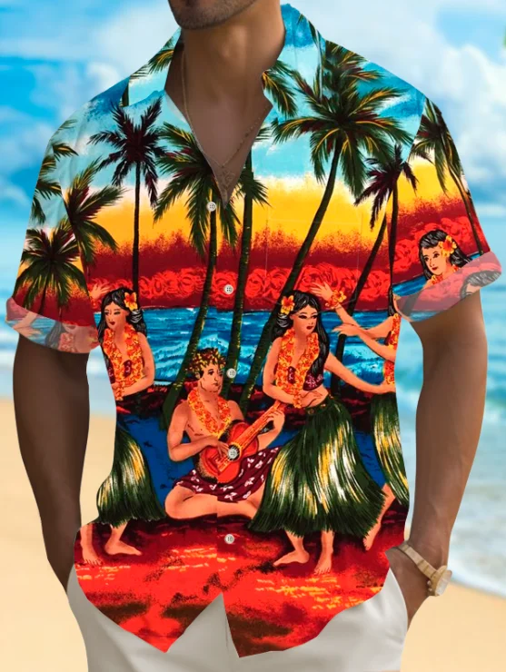 Royaura® Hawaiian Coconut Tree Music Guitar Party Hula Print Men's Button Pocket Short Sleeve Shirt