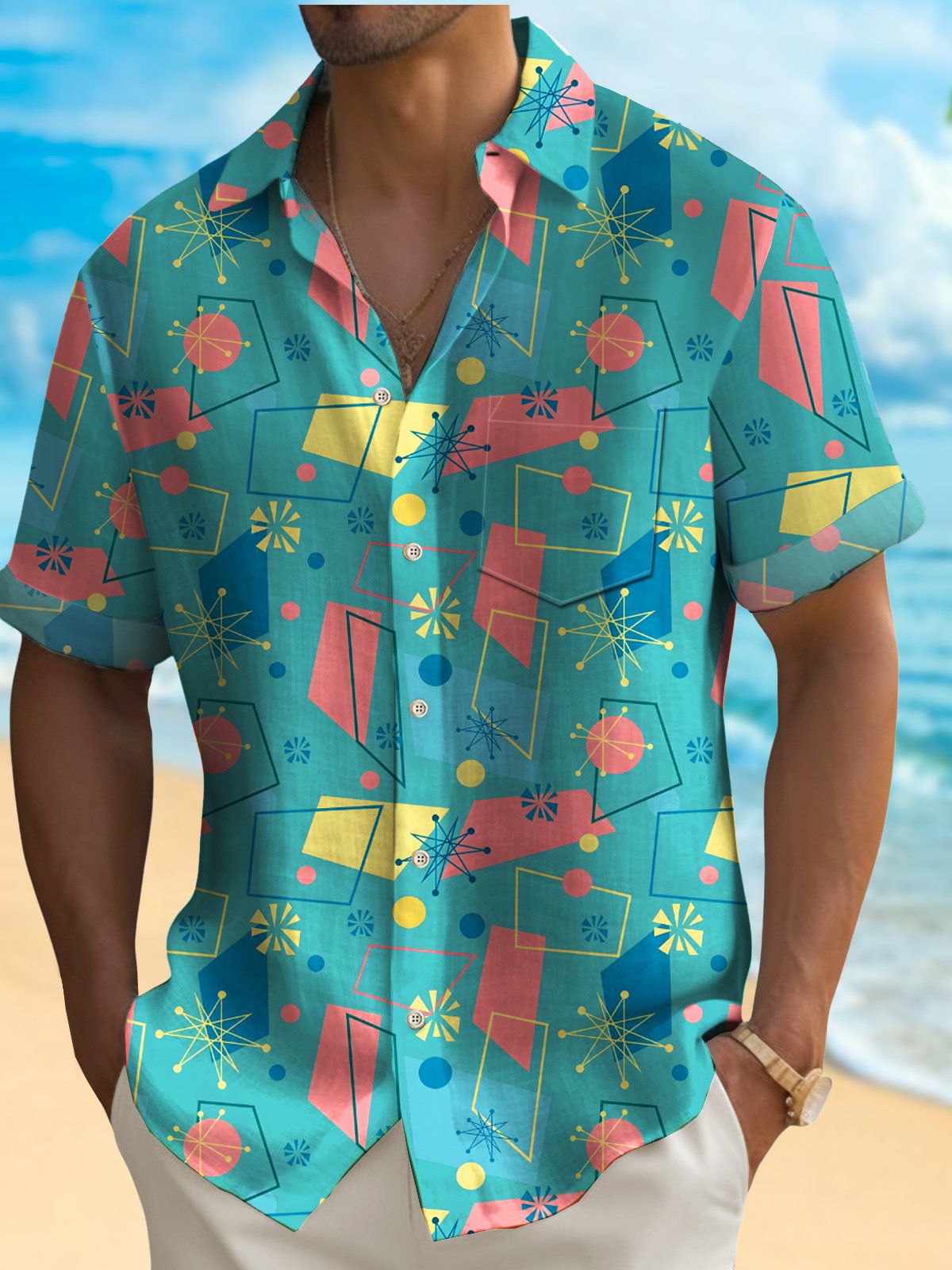 Royaura® Retro Mid-Century Geometric Men's Hawaiian Shirt Stretch Camp Button Pocket Shirt Big Tall