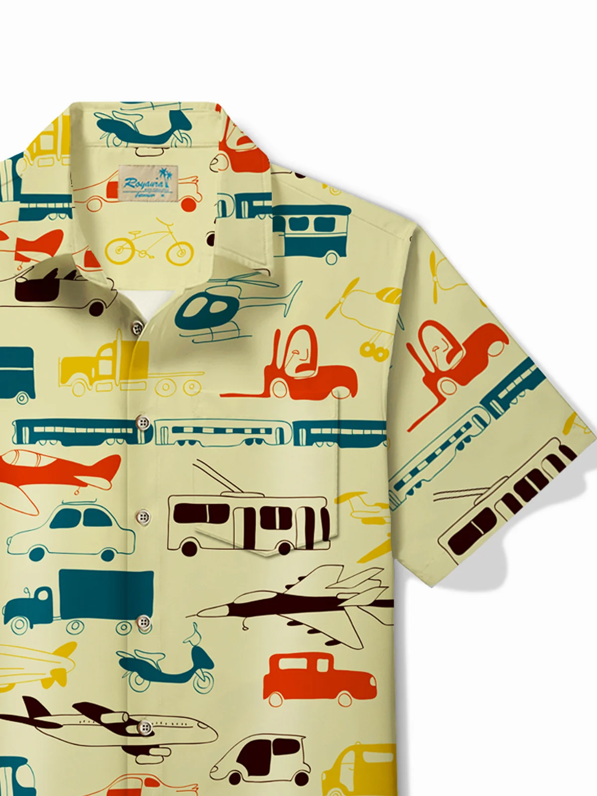 Royaura® Retro Car Travel Vehicle Print Men's Button Pocket Short Sleeve Shirt