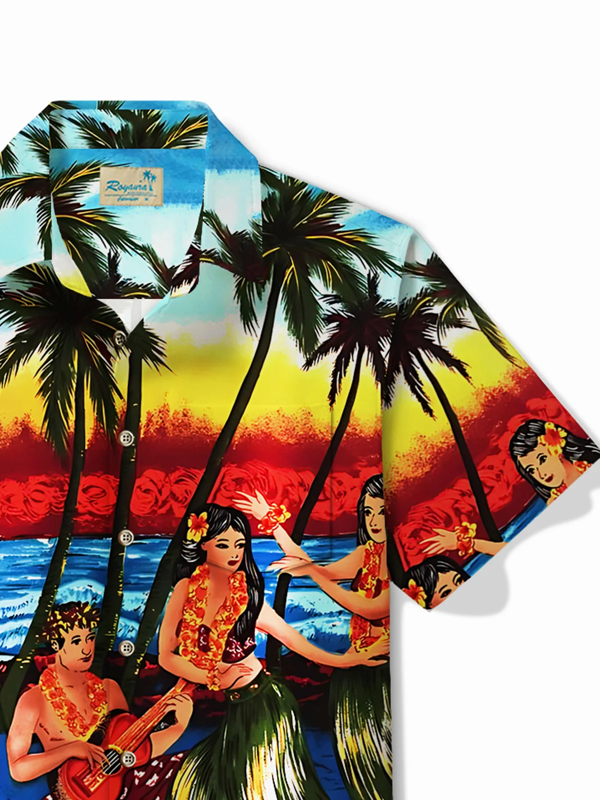 Royaura® Hawaiian Coconut Tree Music Guitar Party Hula Print Men's Button Pocket Short Sleeve Shirt