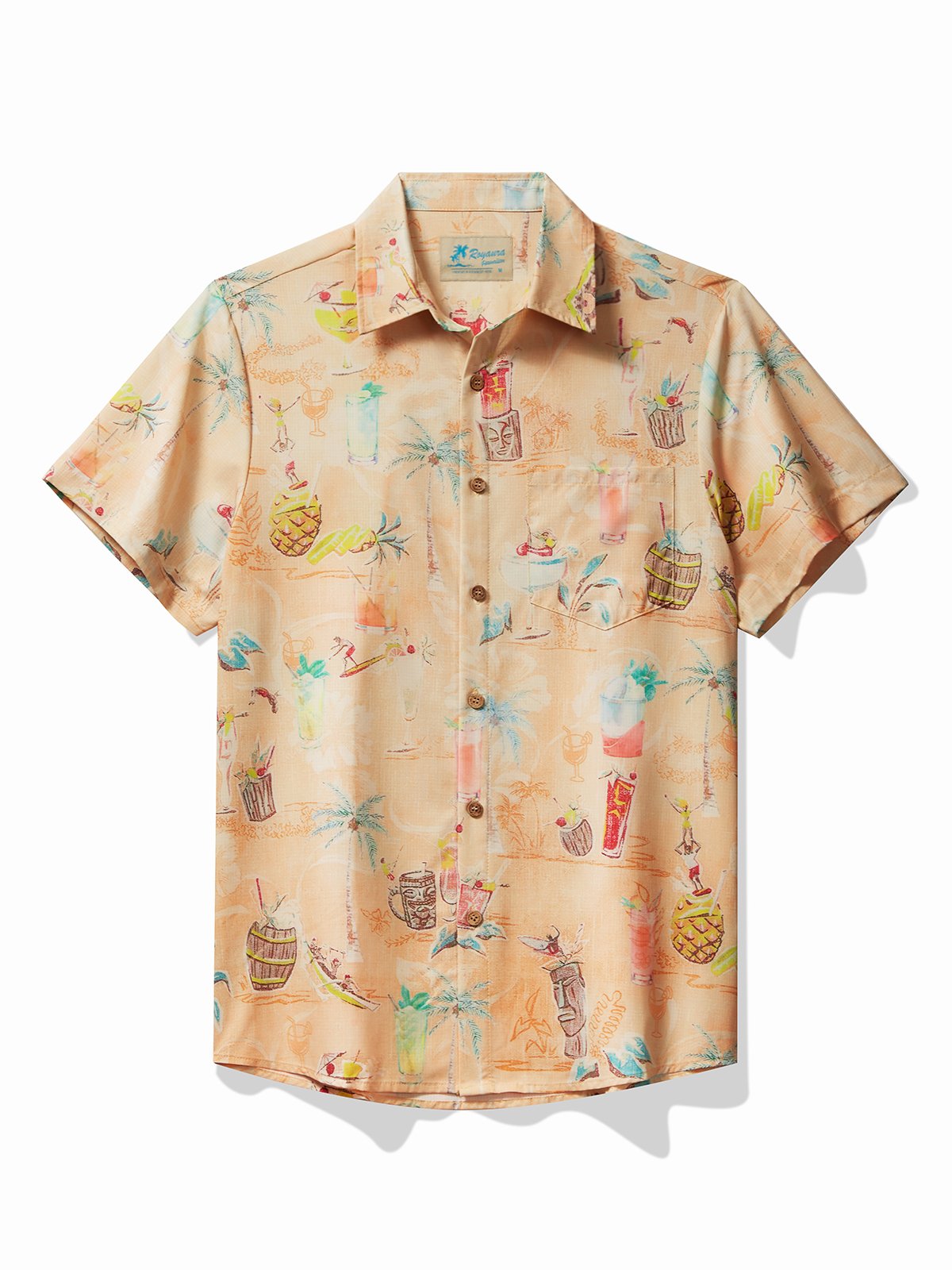 Royaura Coconut Cocktail Print Cool Ice Shirts Sweat-wicking Beach Men's Hawaiian Oversized Pocket Shirt
