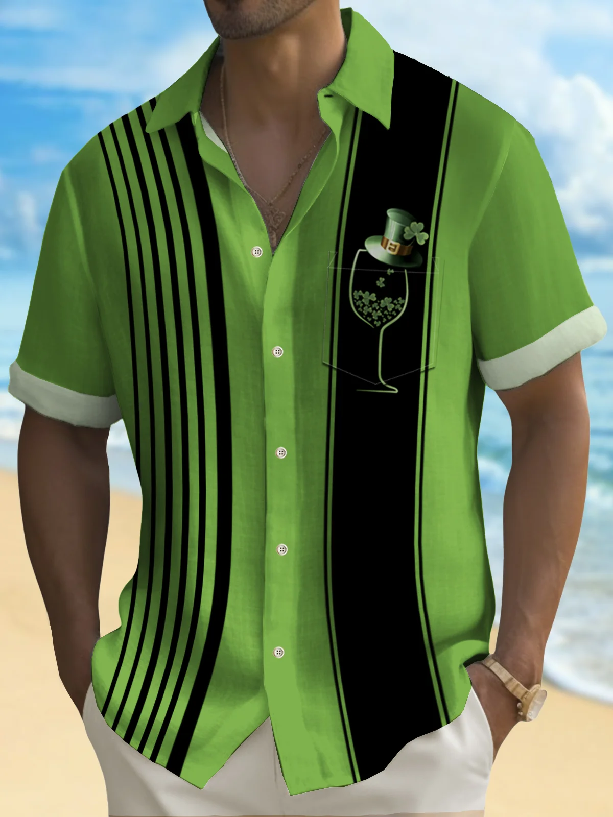 Royaura® St. Patrick's Day Vintage Bowling Shamrock Wine Glass Print Hawaiian Shirt Plus Size Holiday Shirt