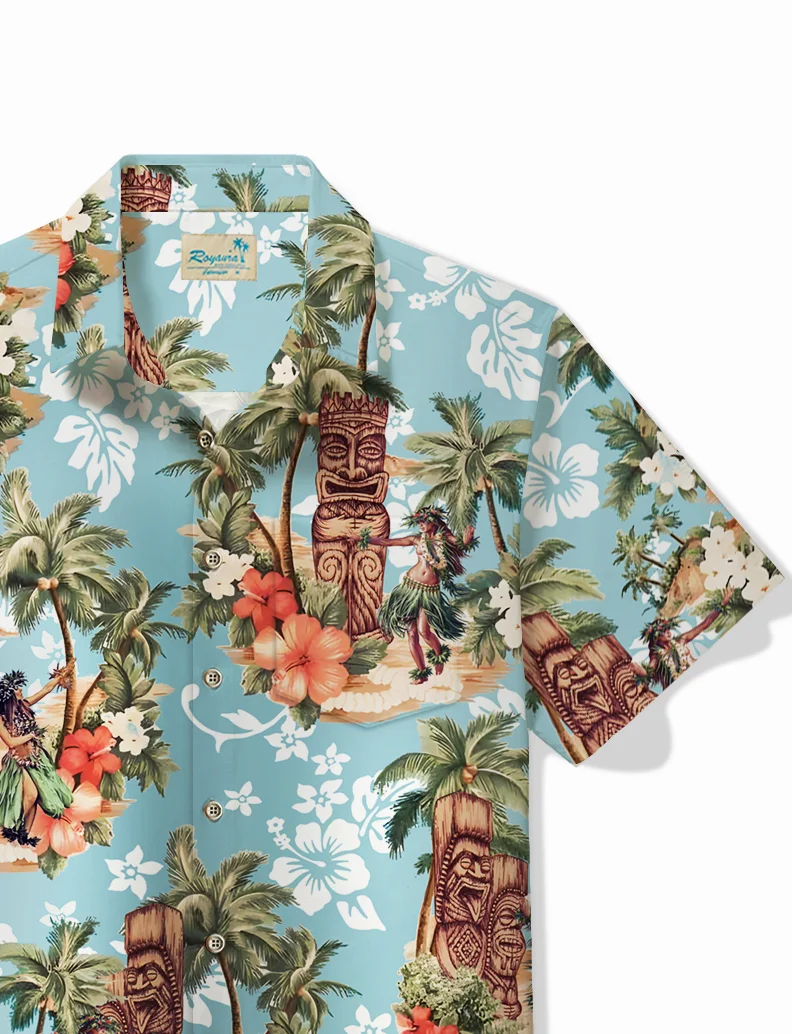 Royaura® x David Bailey Beach Vacation Tiki Men's Hawaiian Shirt Hula Girl Coconut Tree Pocket Button Shirt Big Tall