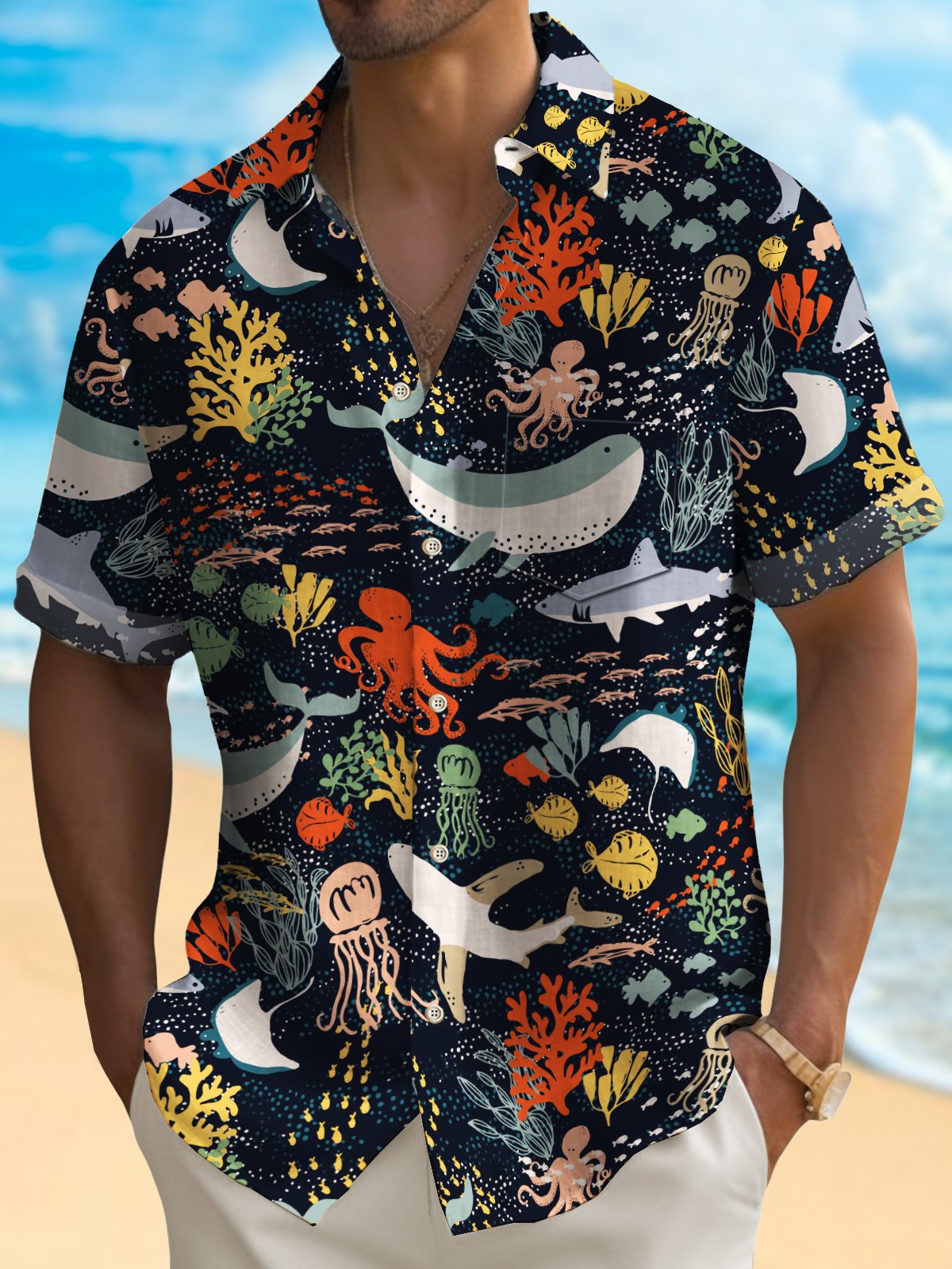 Royaura® Beach Vacation Deep Blue Men's Hawaiian Shirt Ocean Cartoon Stretch Quick-Drying Easy Care Shirt