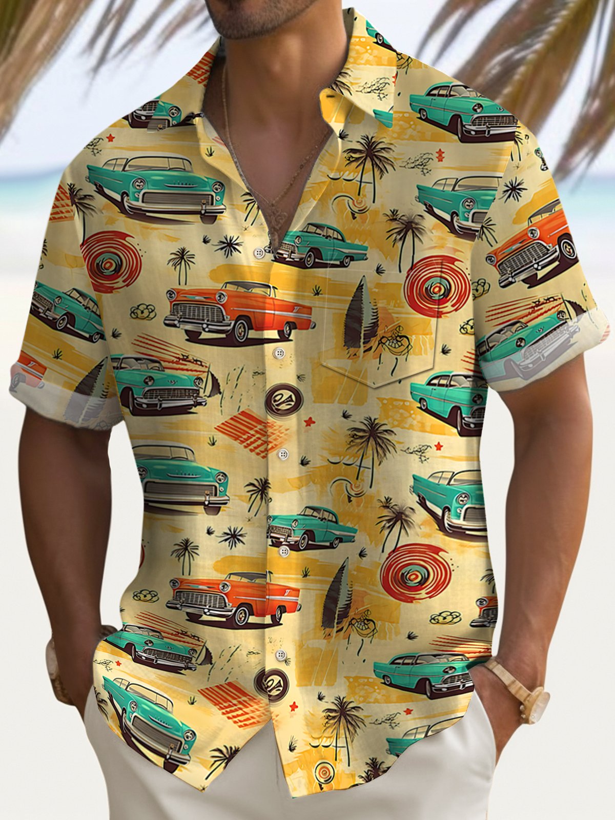 Royaura® Retro Car Print Men's Button Pocket Short Sleeve Shirt