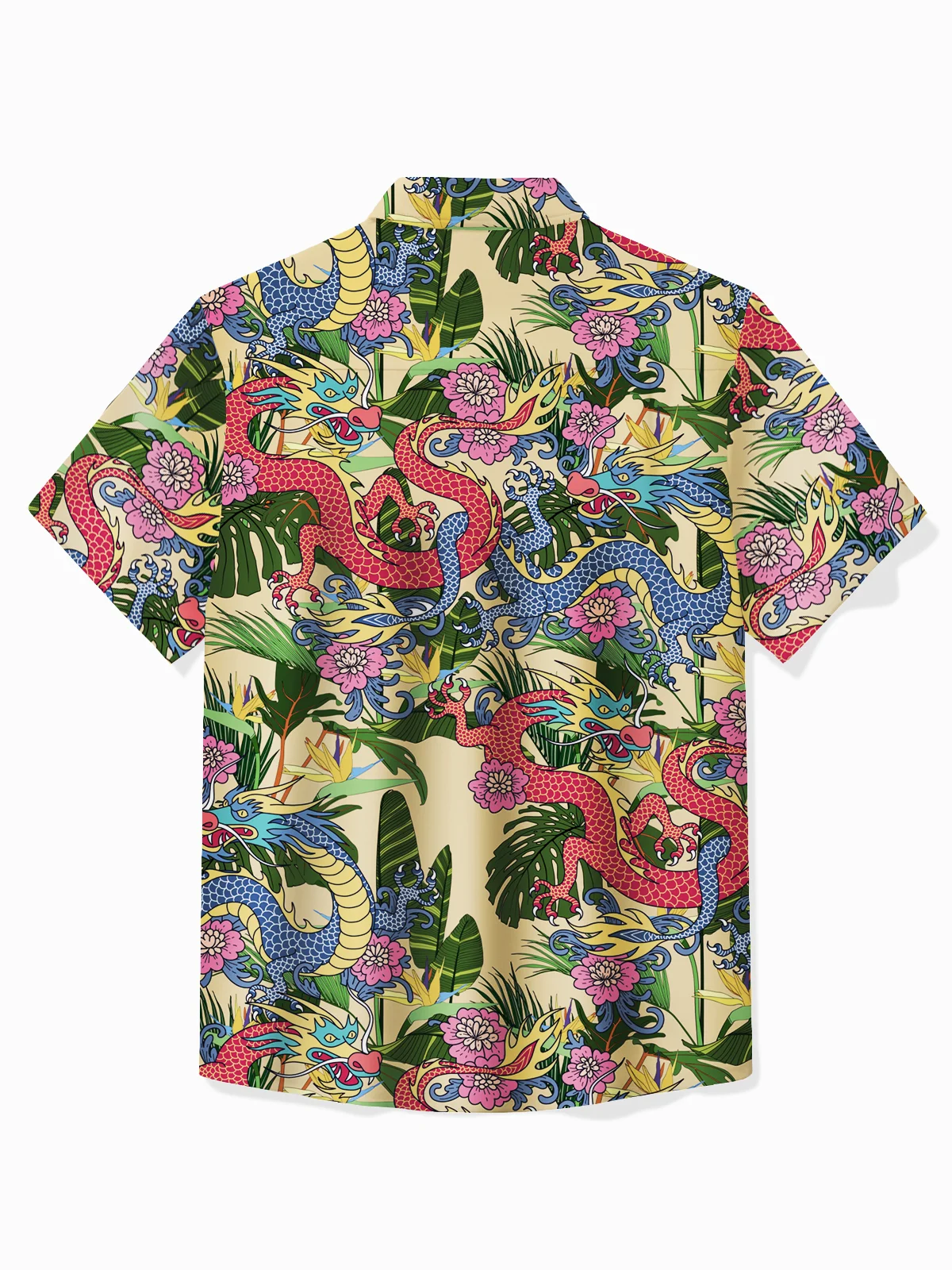 Royaura® Beach Vacation Men's Hawaiian Shirt Colorful Dragon Botanical Print Stretch Pocket Camping Shirt