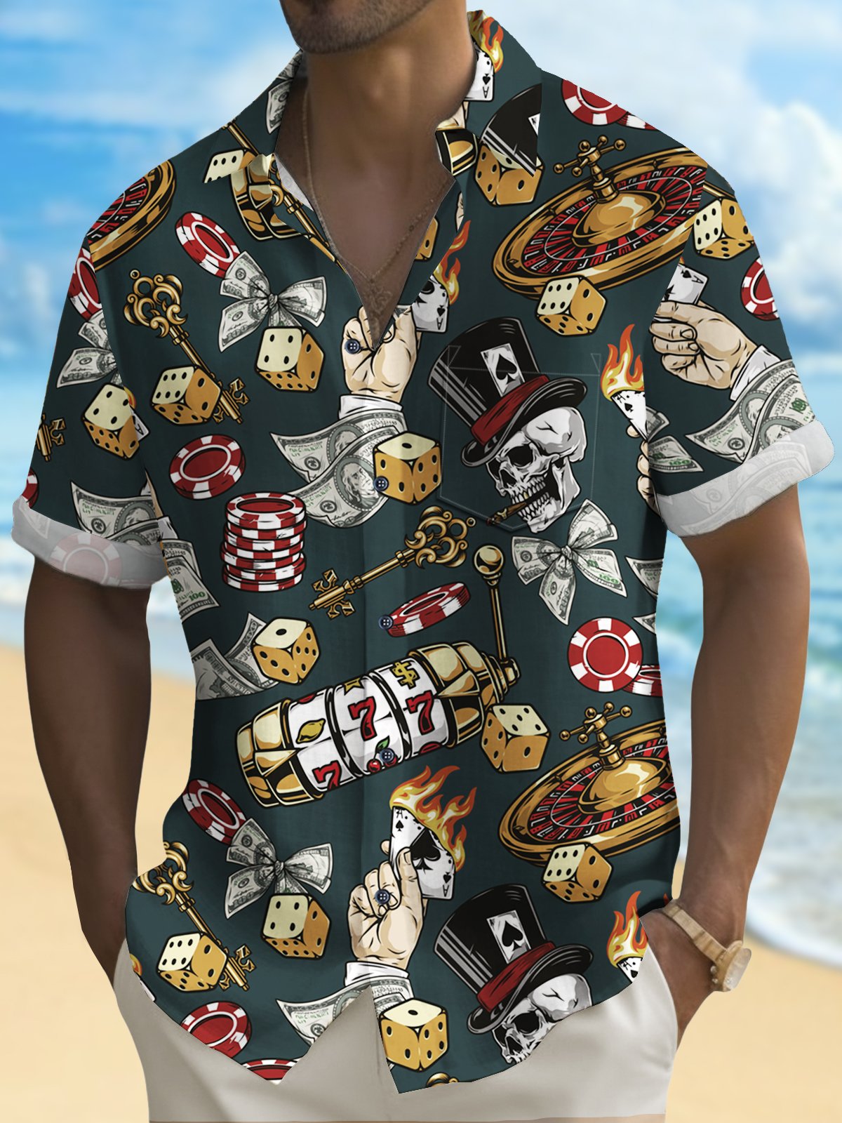 Royaura® Men's Hawaiian Shirt Las Vegas Poker Skull Pocket Camping Shirt