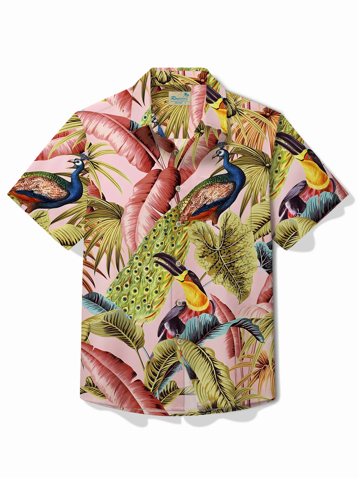 Royaura® Tropical Palm Leaf Men's Hawaiian Shirt Animal Toucan Peacock Easy Care Pocket Camp Shirt Big Tall