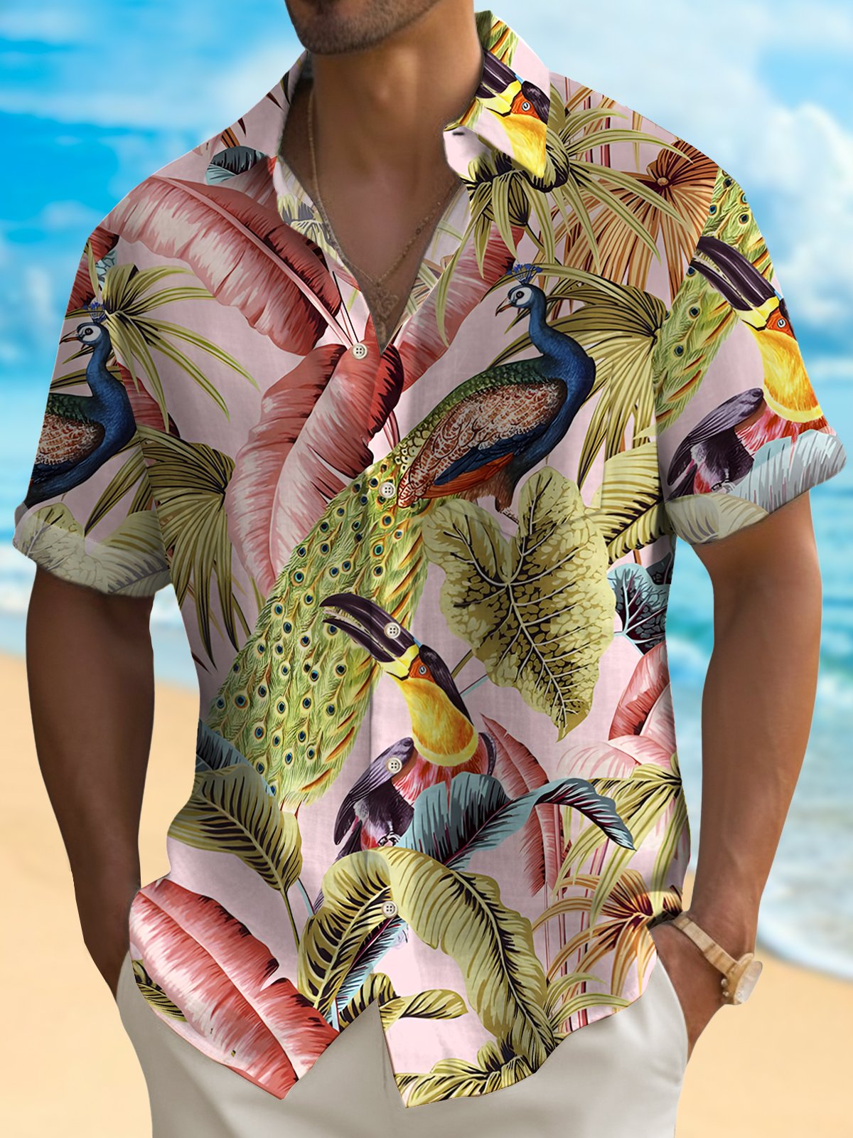Royaura® Tropical Palm Leaf Men's Hawaiian Shirt Animal Toucan Peacock Easy Care Pocket Camp Shirt Big Tall