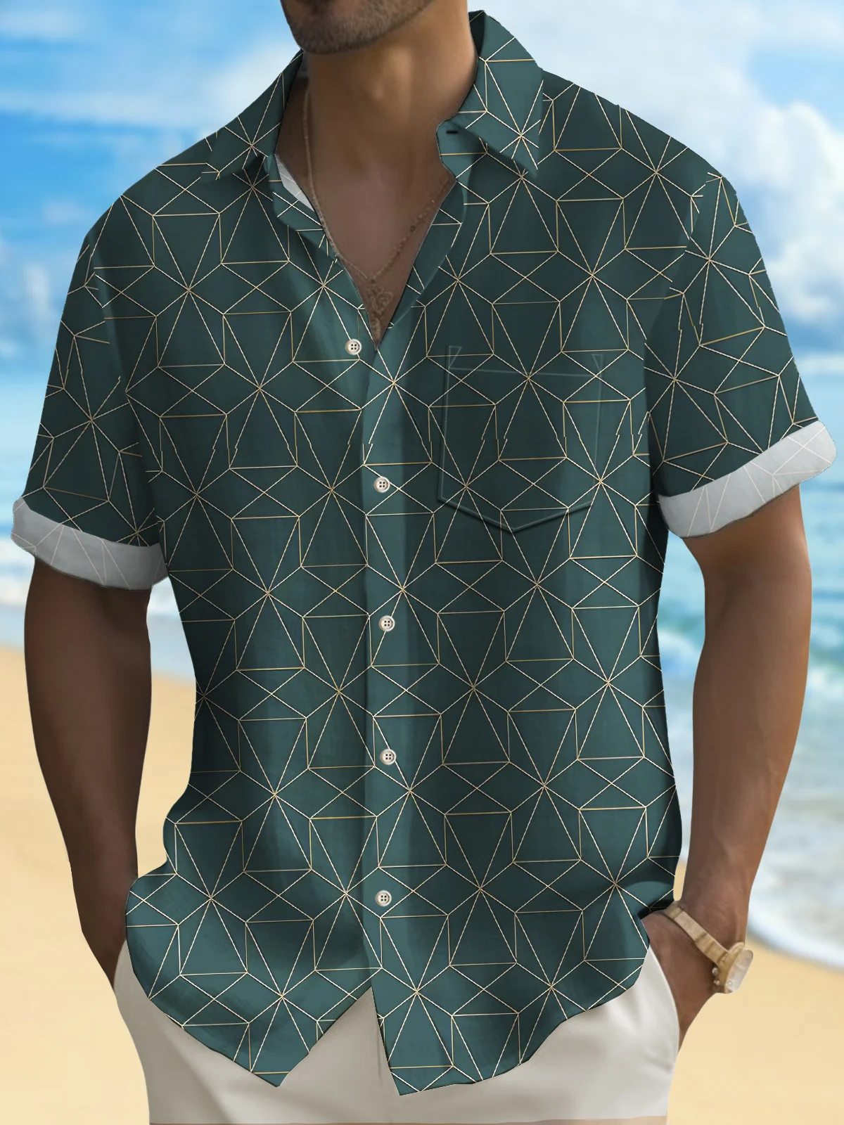 Royaura® Basic Men's Hawaiian Shirt Line Geometric Print Oversized Stretch Aloha Shirt