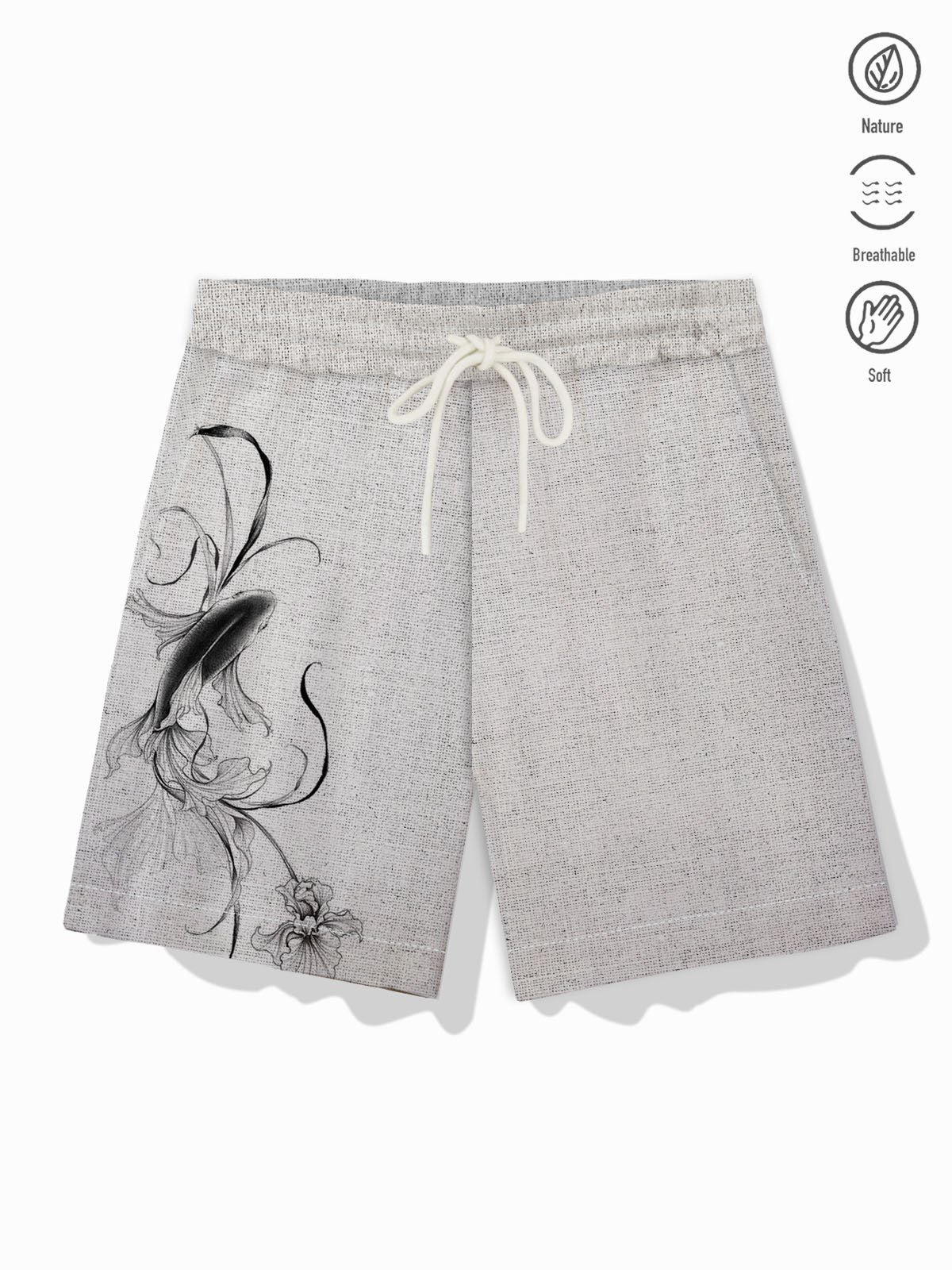 Royaura® Cotton Linen Japanese Koi Print Men's Casual Beach Shorts