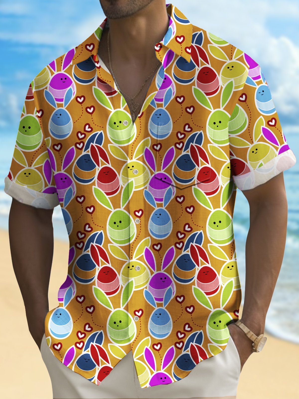 Royaura® Holiday Collection Men's Hawaiian Shirt Easter Egg Print Oversized Stretch Aloha Shirt