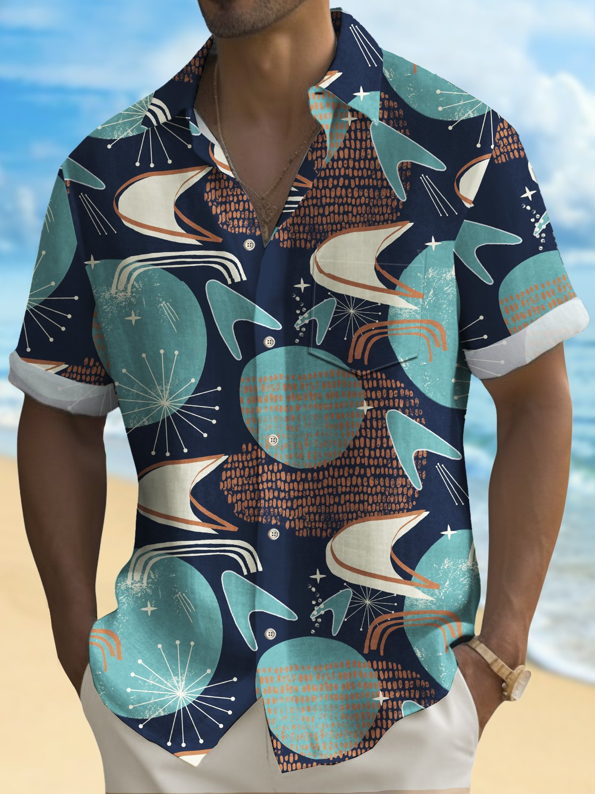 Royaura® Retro Boomerang Men's Hawaiian Shirt Stretch Aloha Camp Pocket Shirt Big Tall