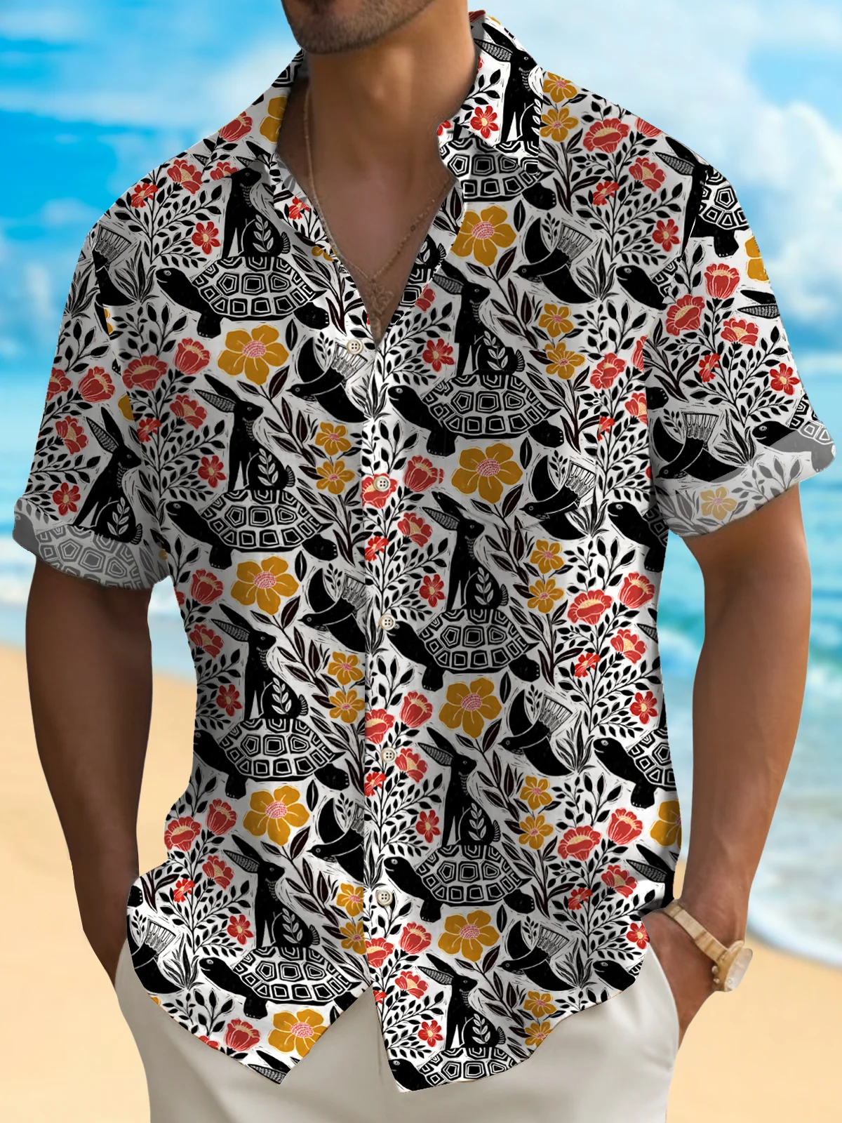 Royaura® Beach Holiday Turtle Men's Hawaiian Shirt Rabbit Cartoon Art Quick Dry Camp Shirt Big Tall