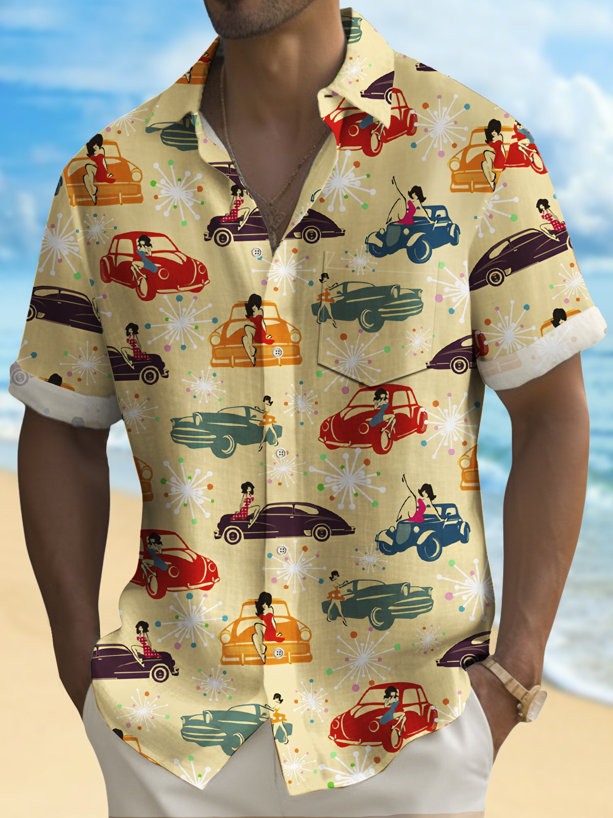 Royaura® Retro Auto Men's Hawaiian Shirt Stretch Easy Care Pocket Camping Shirt