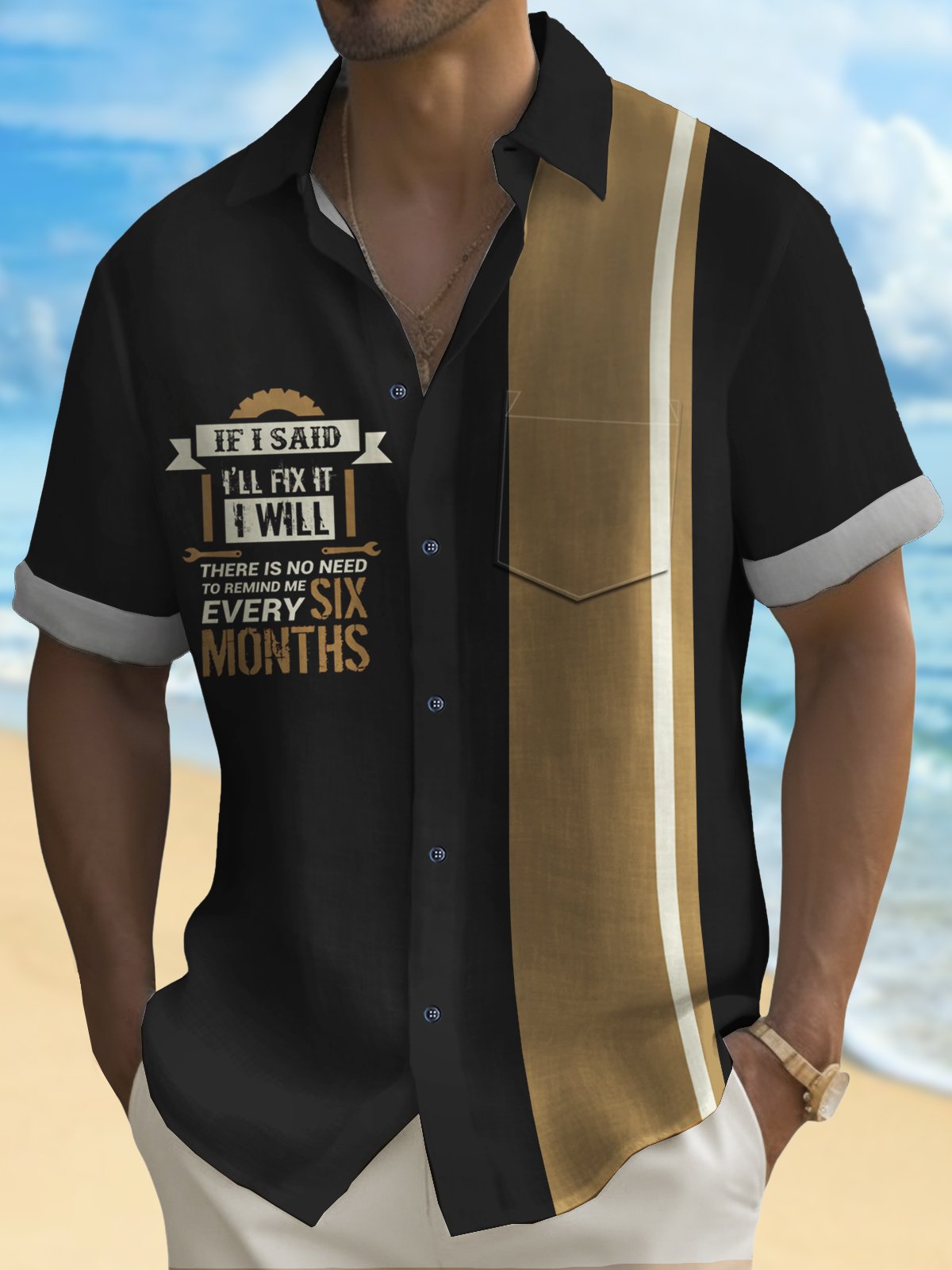 Royaura® Vintage Bowling Men's "If I said I'd fix it, I would, no need to remind me every six months" Printed Shirt Pocket Camping Shirt
