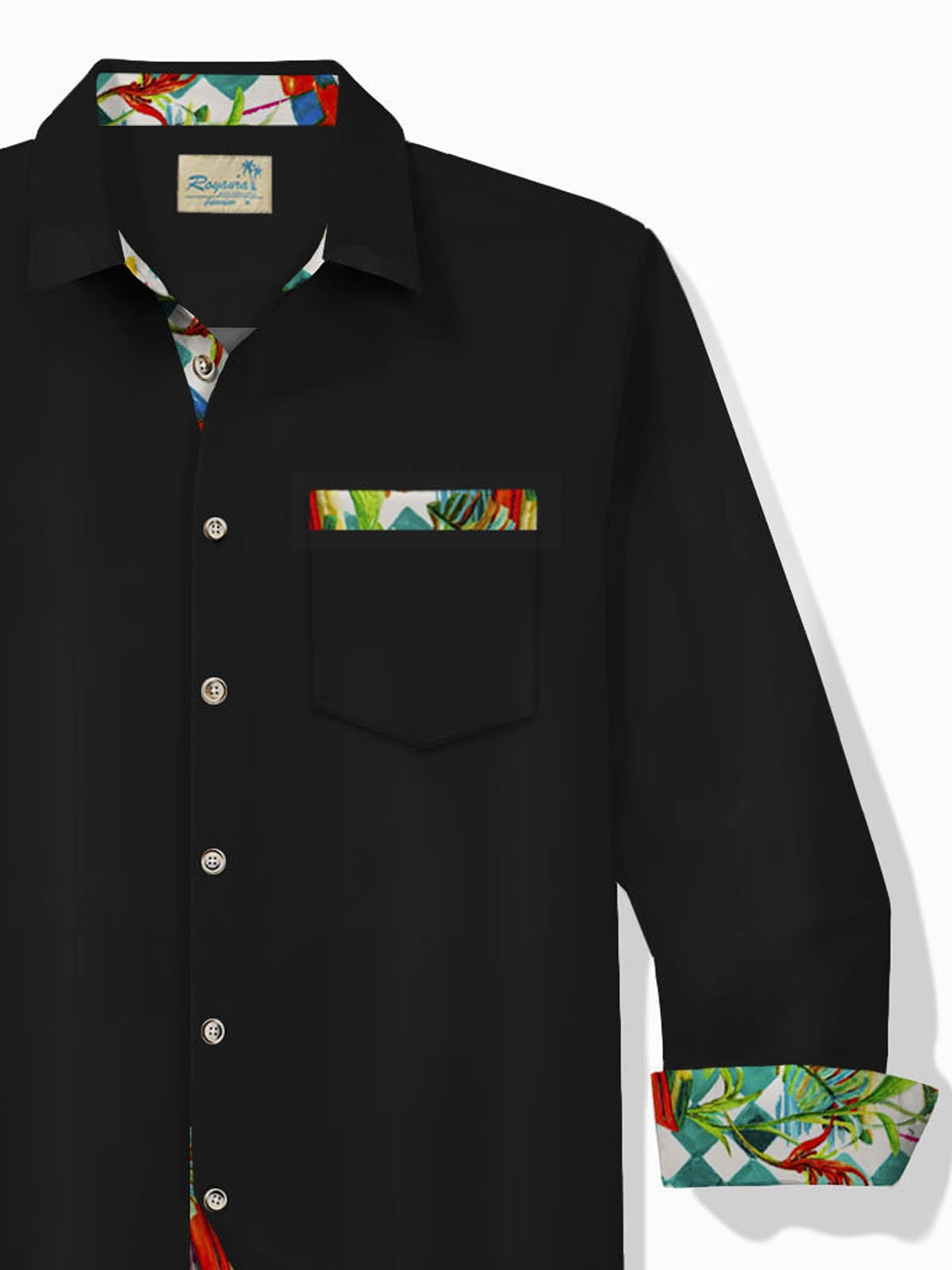 Royaura® Holiday Casual Black Men's Long Sleeve Shirts Floral Art Patchwork Camp Pocket Shirts Big Tall
