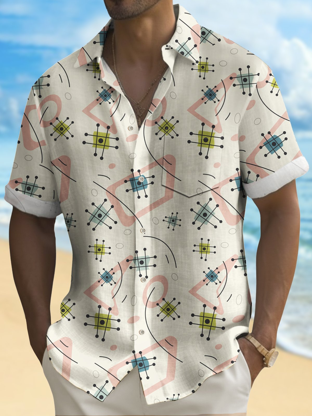 Royaura® Retro Geometric Print Men's Hawaiian Shirt Easy Care Pocket Camping Shirt