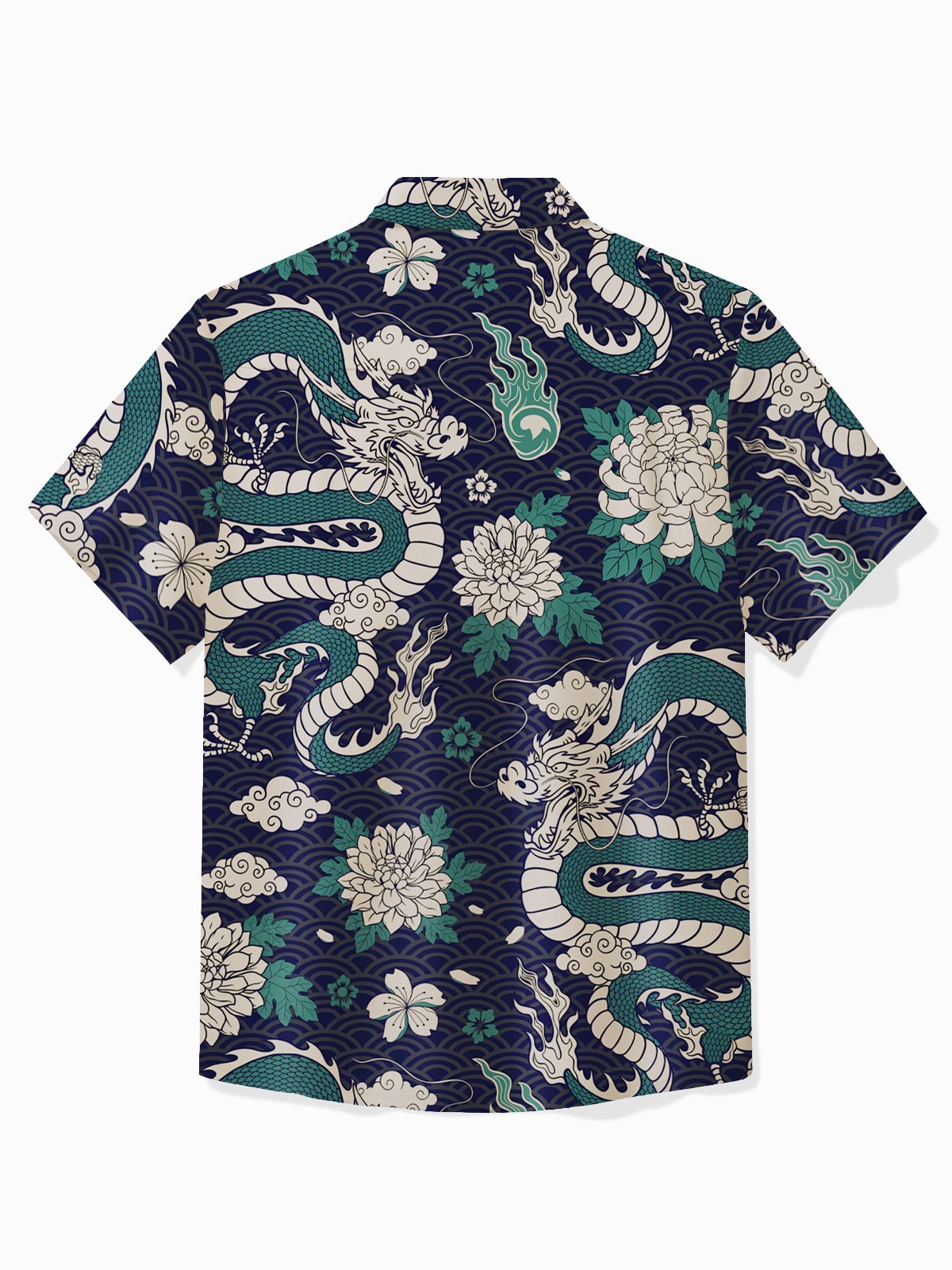 Royaura® Japanese Retro Men's Green Hawaiian Shirt Dragon Flower Stretch Pocket Camping Shirt