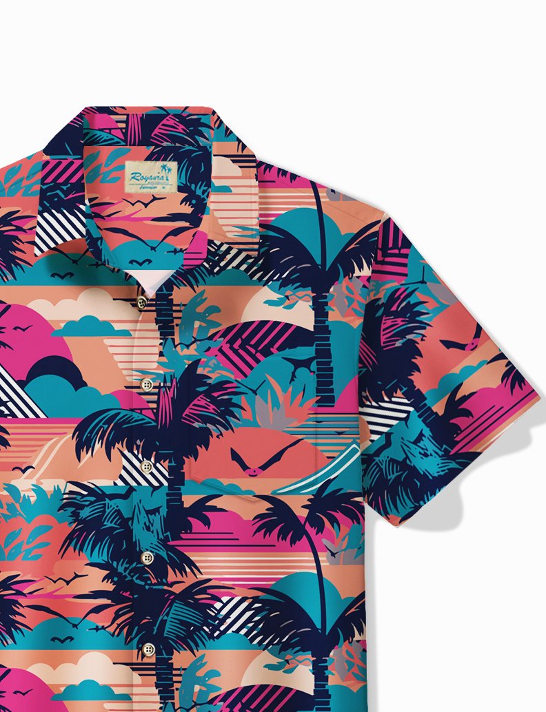 Royaura® Beach Vacation Men's Hawaiian Shirt Coconut Tree Print Stretch Pocket Camping Shirt