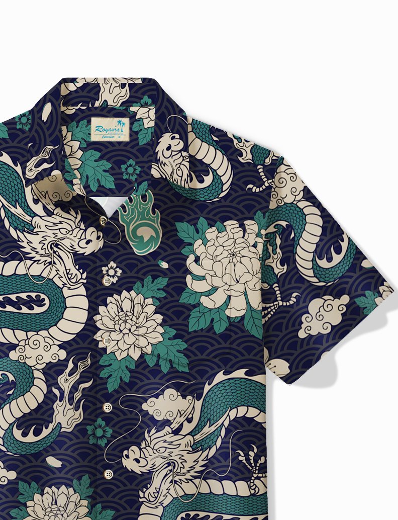 Royaura® Japanese Retro Men's Green Hawaiian Shirt Dragon Flower Stretch Pocket Camping Shirt