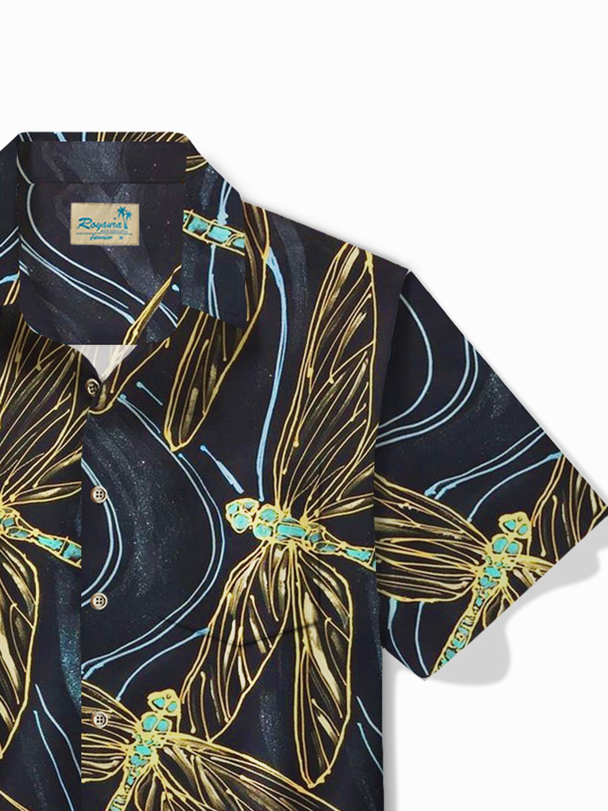 Royaura® Vintage Dragonfly Gradient Art Texture Print Men's Button Pocket Short Sleeve Shirt