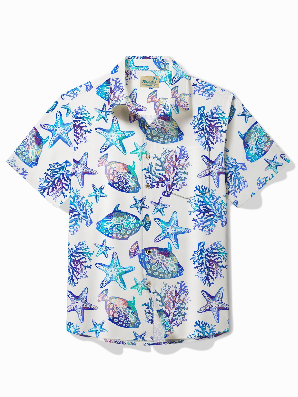 Royaura® Hawaiian Sea Life Print Men's Button Pocket Short Sleeve Shirt