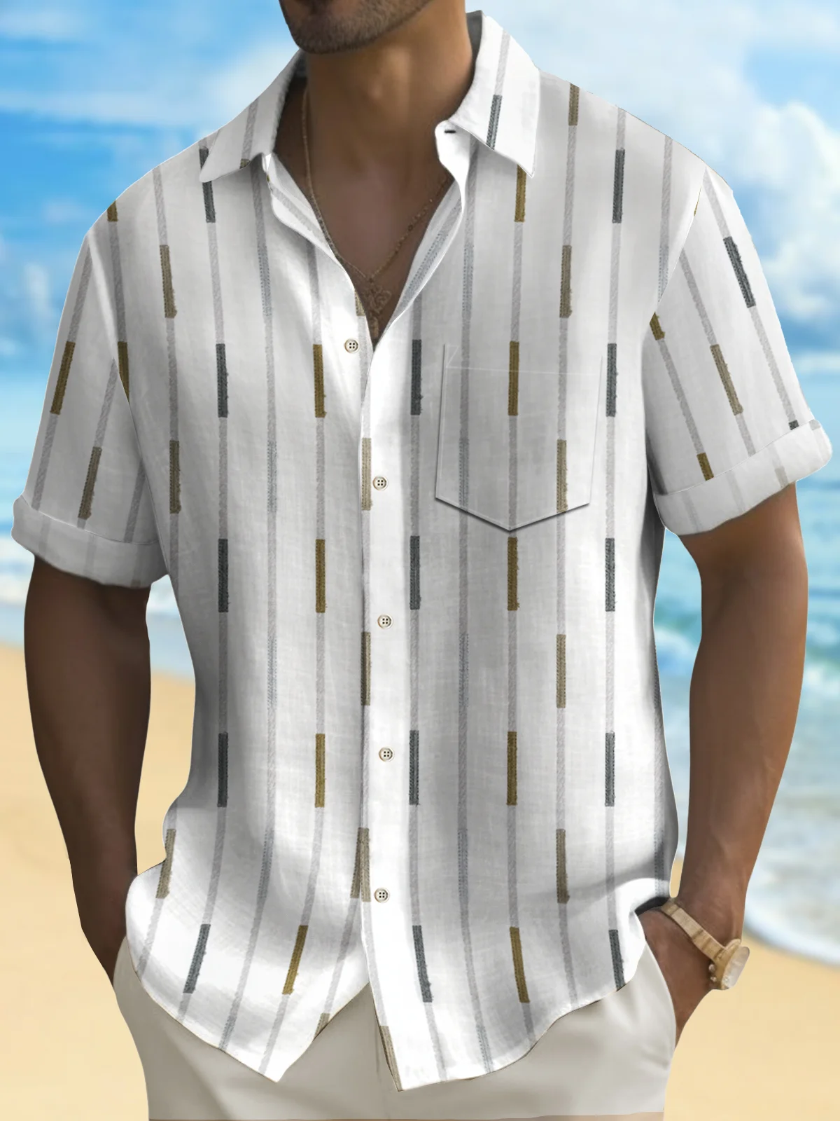 Royaura® Basic Stripe Print Men's Hawaiian Shirt Easy Care Pocket Camping Shirt