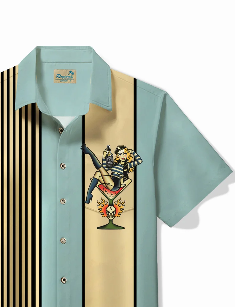 Royaura® Vintage Bowling Pin Up Girls Wine Glass Print Hawaiian Shirt Plus Size Holiday Shirt