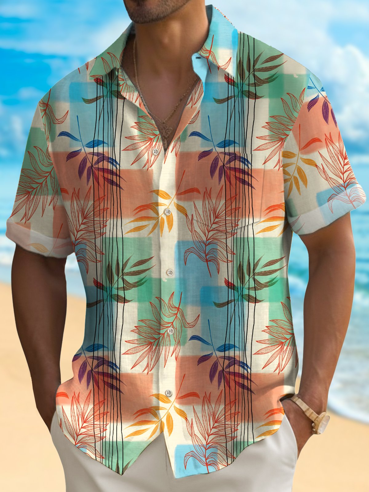 Royaura® Beach Vacation Men's Hawaiian Shirt Geometric Floral Art Easy Care Pocket Tropical Shirt Big Tall