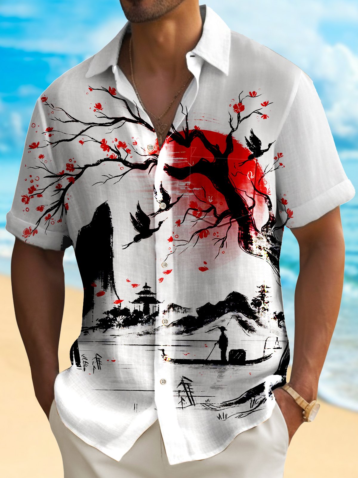 Royaura® Japanese Retro Casual Men’s Hawaiian Shirts Plum Bossom Art Wrinkle Free Seersucker Shirts Big Tall