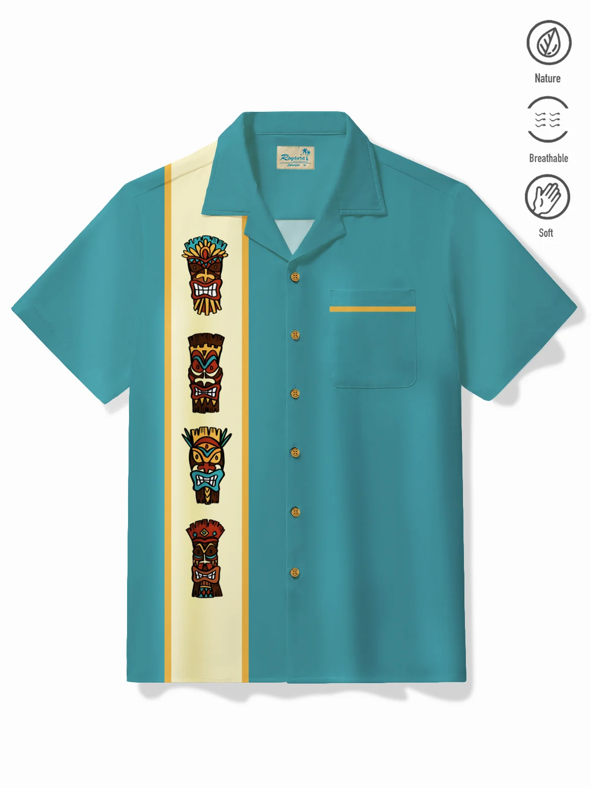 Royaura® Vintage Men's Bowling Shirt Stretch TIKI Totem Art Cartoon Pocket Camp Shirt Big Tall