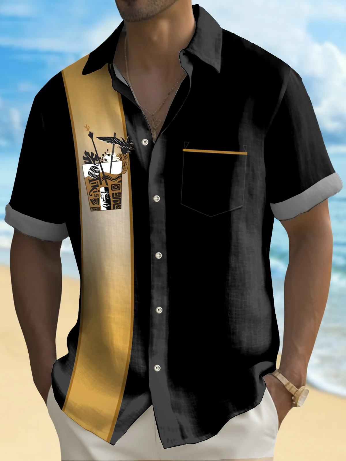 Royaura® Retro Bowling Men's Hawaiian Shirt Tiki Wine Glass Print Pocket Camping Shirt