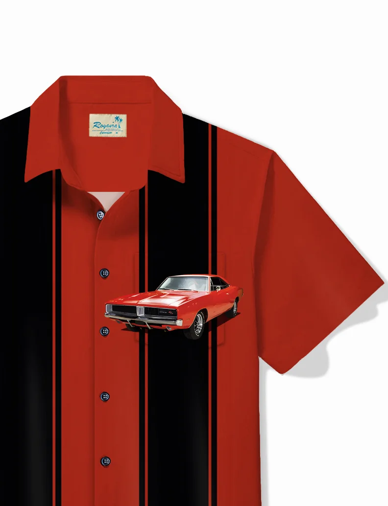 Royaura® Retro Bowling Men's Hawaiian Shirt Car Print Pocket Camping Shirt