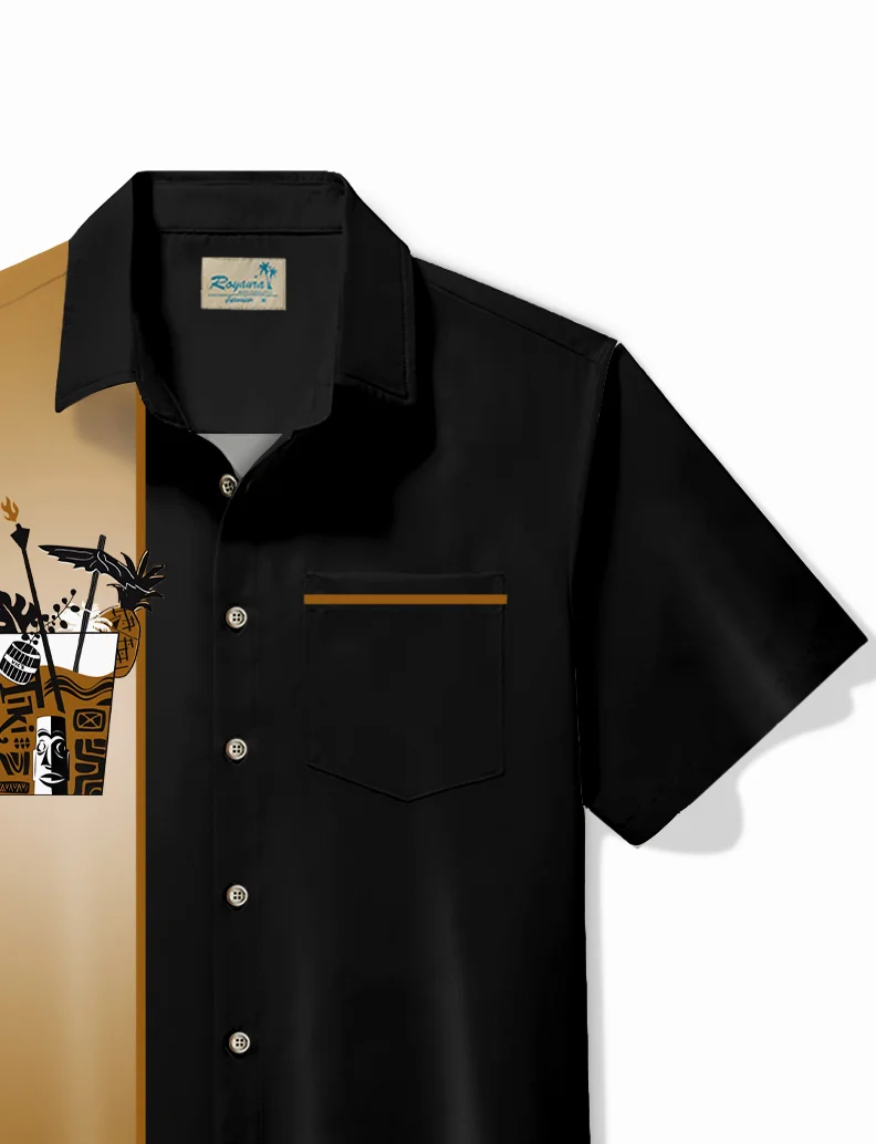 Royaura® Retro Bowling Men's Hawaiian Shirt Tiki Wine Glass Print Pocket Camping Shirt