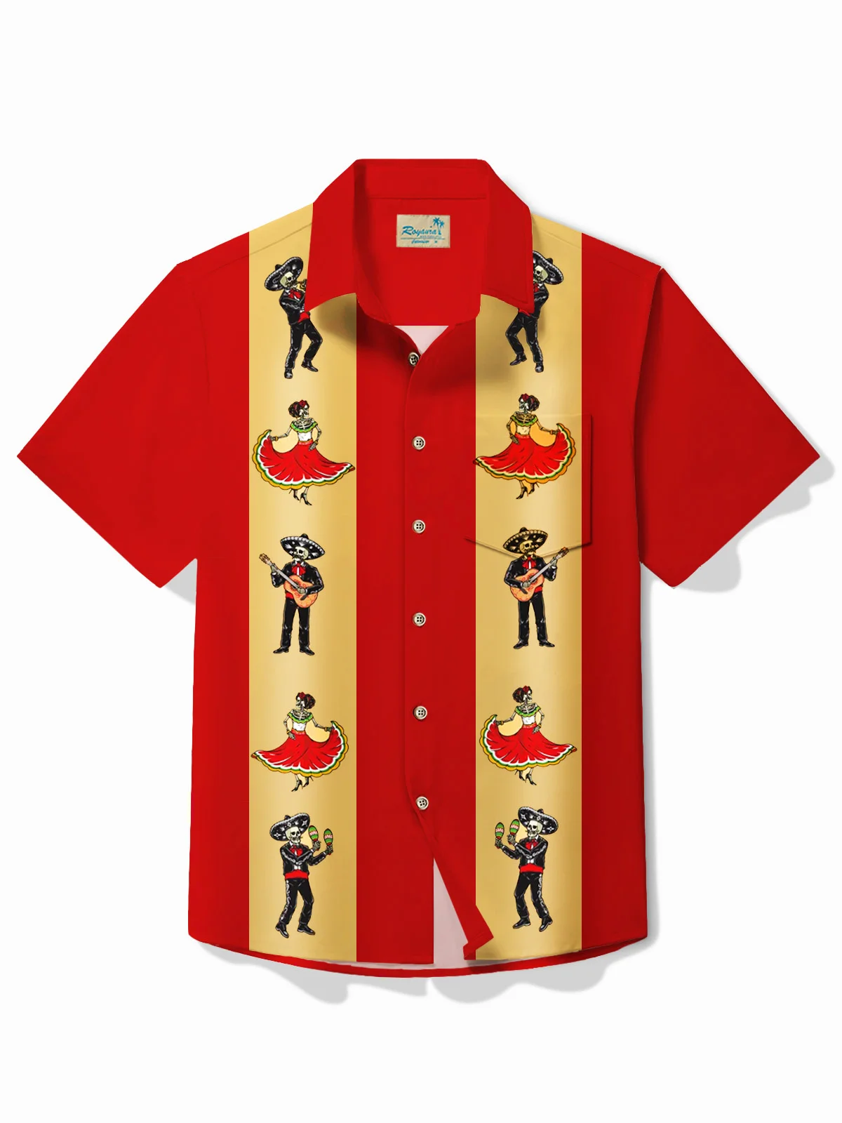 Royaura® Holiday Cinco de Mayo Skull Music Print Men's Button Pocket Short Sleeve Shirt