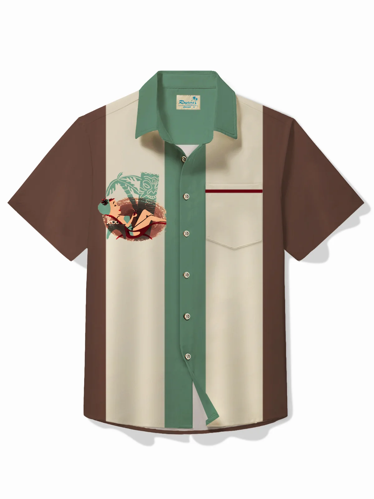 Royaura® Retro Bowling Men's Hawaiian Shirt Tiki Girls Coconut Tree Print Pocket Camping Shirt