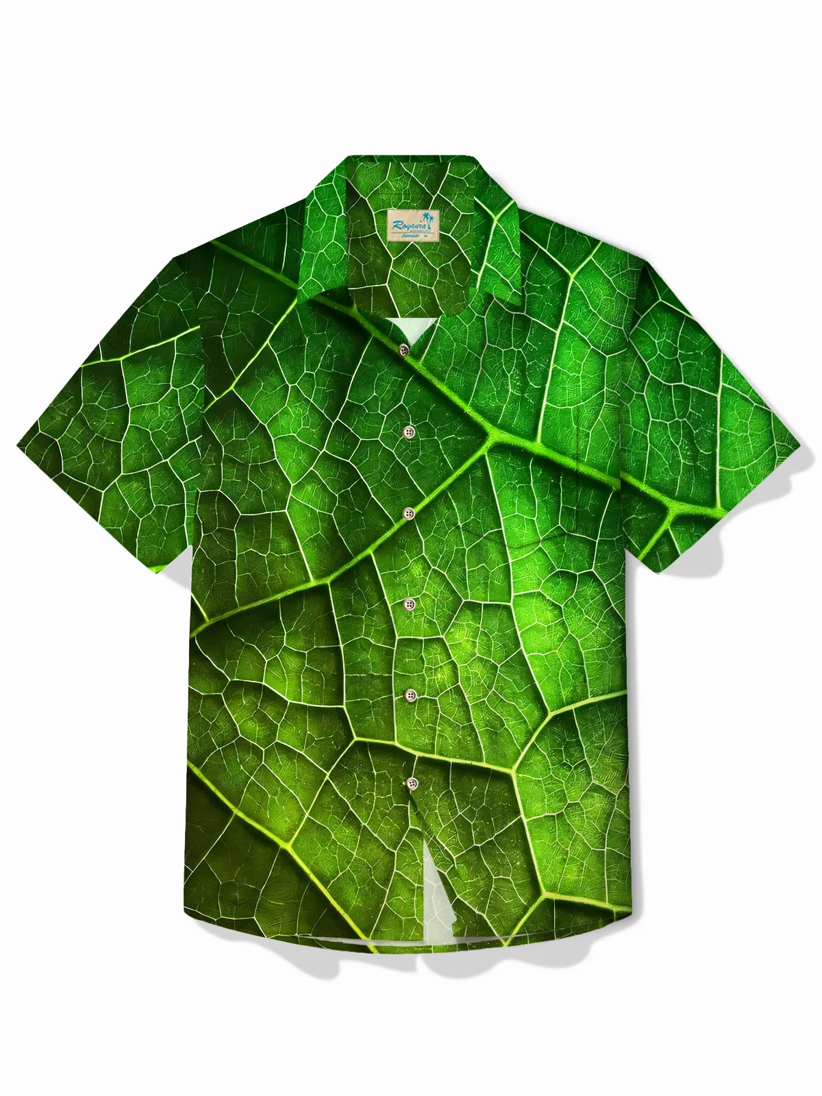 Royaura® Hawaii Green Leaf Print Men's Button Pocket Short Sleeve Shirt