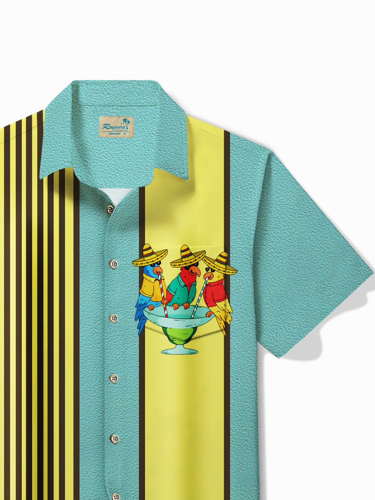 Royaura® Holiday Cinco de Mayo Parrot Tequila Cocktail Print Men's Button Pocket Short Sleeve Shirt