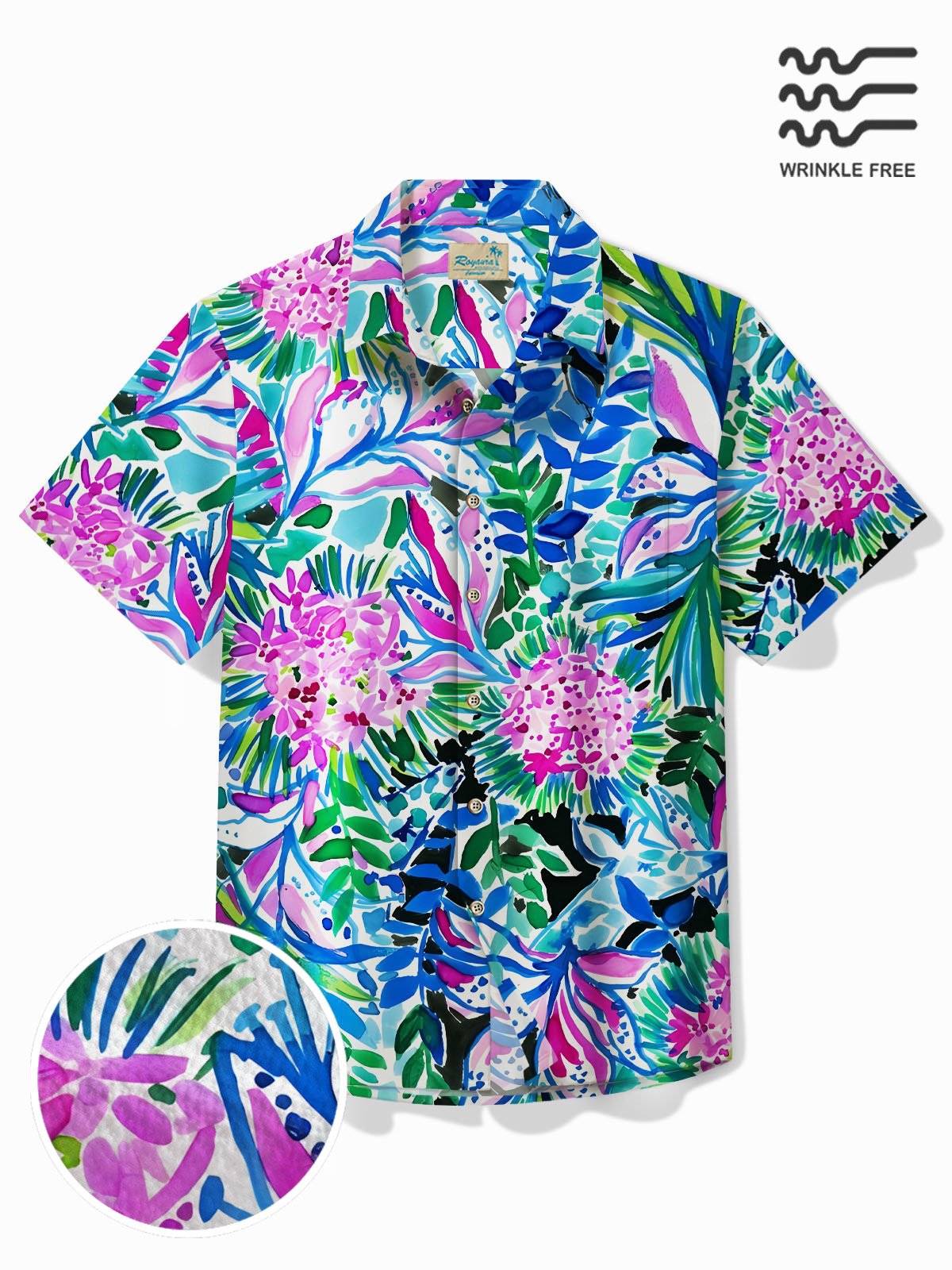 Royaura® Beach Vacation Men's Hawaiian Shirt Artistic Floral Stretch Pocket Wrinkle Free Seersucker Camp Shirt Big Tall
