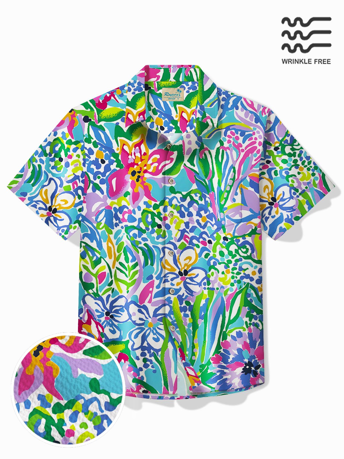 Royaura® Beach Vacation Men's Hawaiian Shirt Artistic Floral Stretch Pocket Wrinkle Free Seersucker Camp Shirt Big Tall