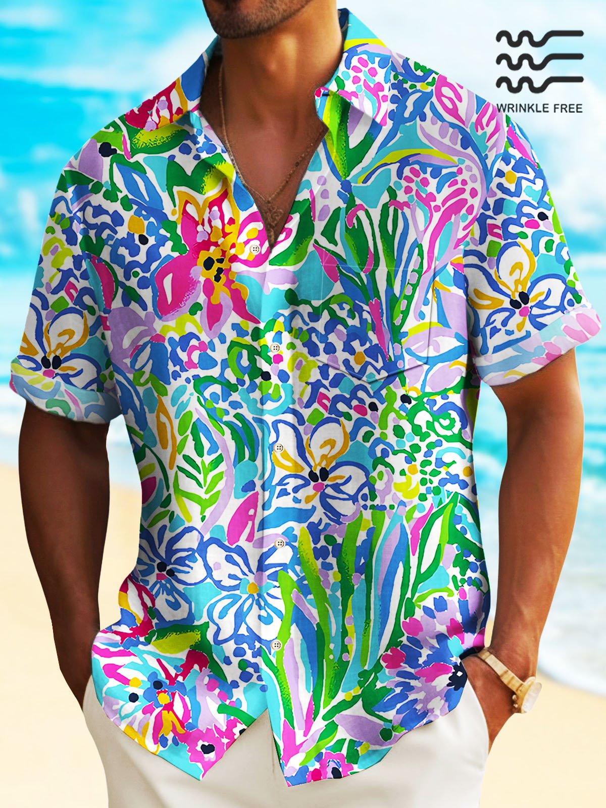Royaura® Beach Vacation Men's Hawaiian Shirt Artistic Floral Stretch Pocket Wrinkle Free Seersucker Camp Shirt Big Tall