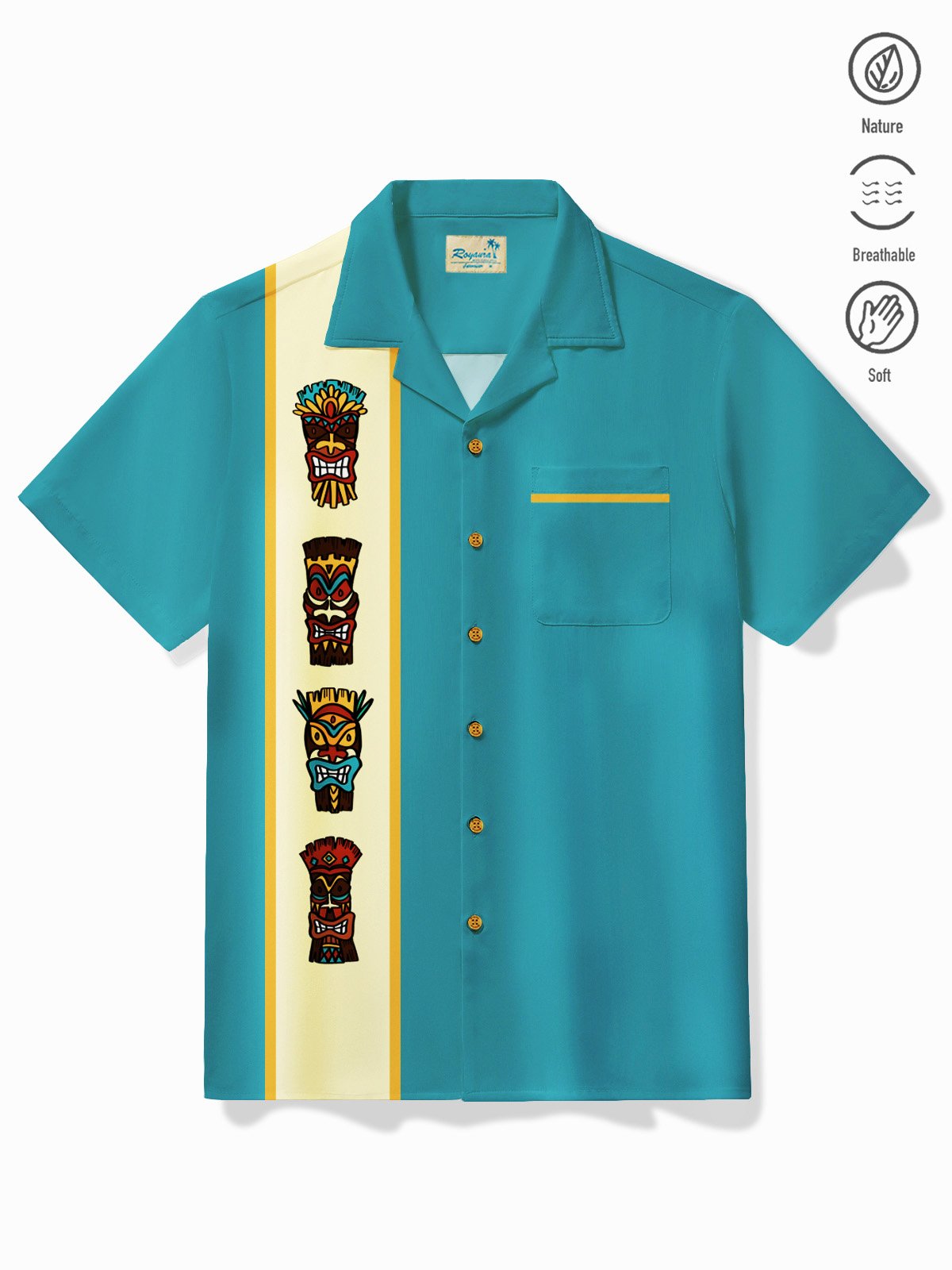 Royaura® Vintage Men's Bowling Shirt Stretch TIKI Totem Art Cartoon Pocket Camp Shirt Big Tall