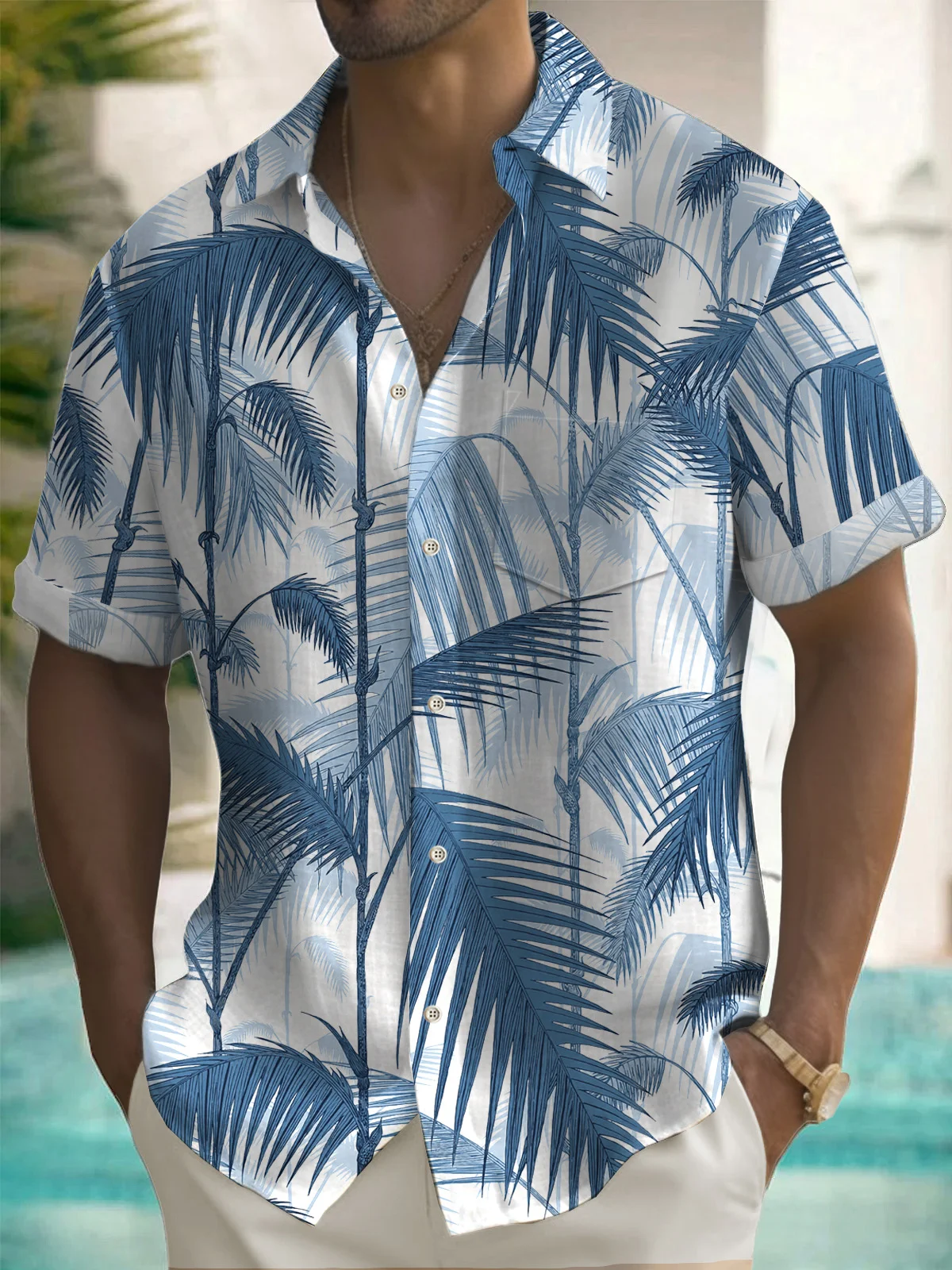 Royaura® Hawaii Tropical Leaf Texture Print Men's Button Pocket Short Sleeve Shirt