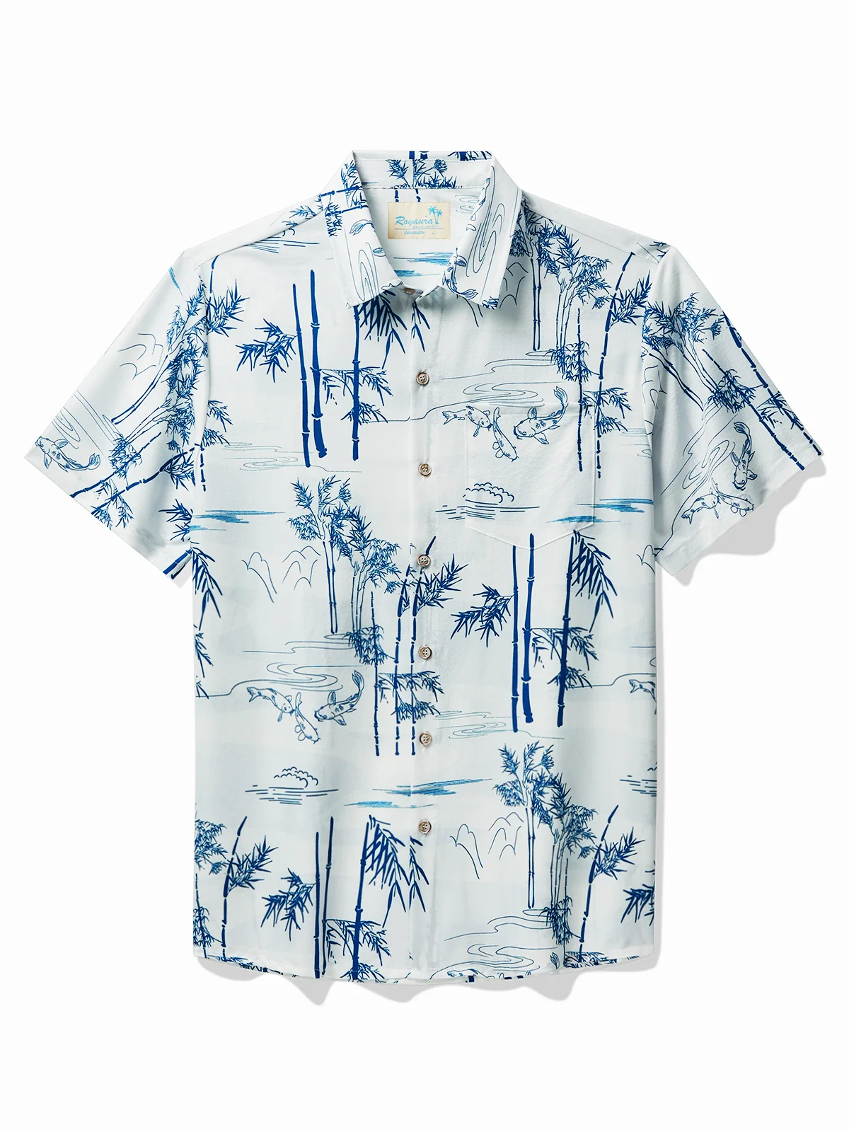 Royaura Vintage Oriental Leaves White Men's Hawaiian Shirt Koi Wrinkle Free Seersucker Pocket Button Shirt Big Tall