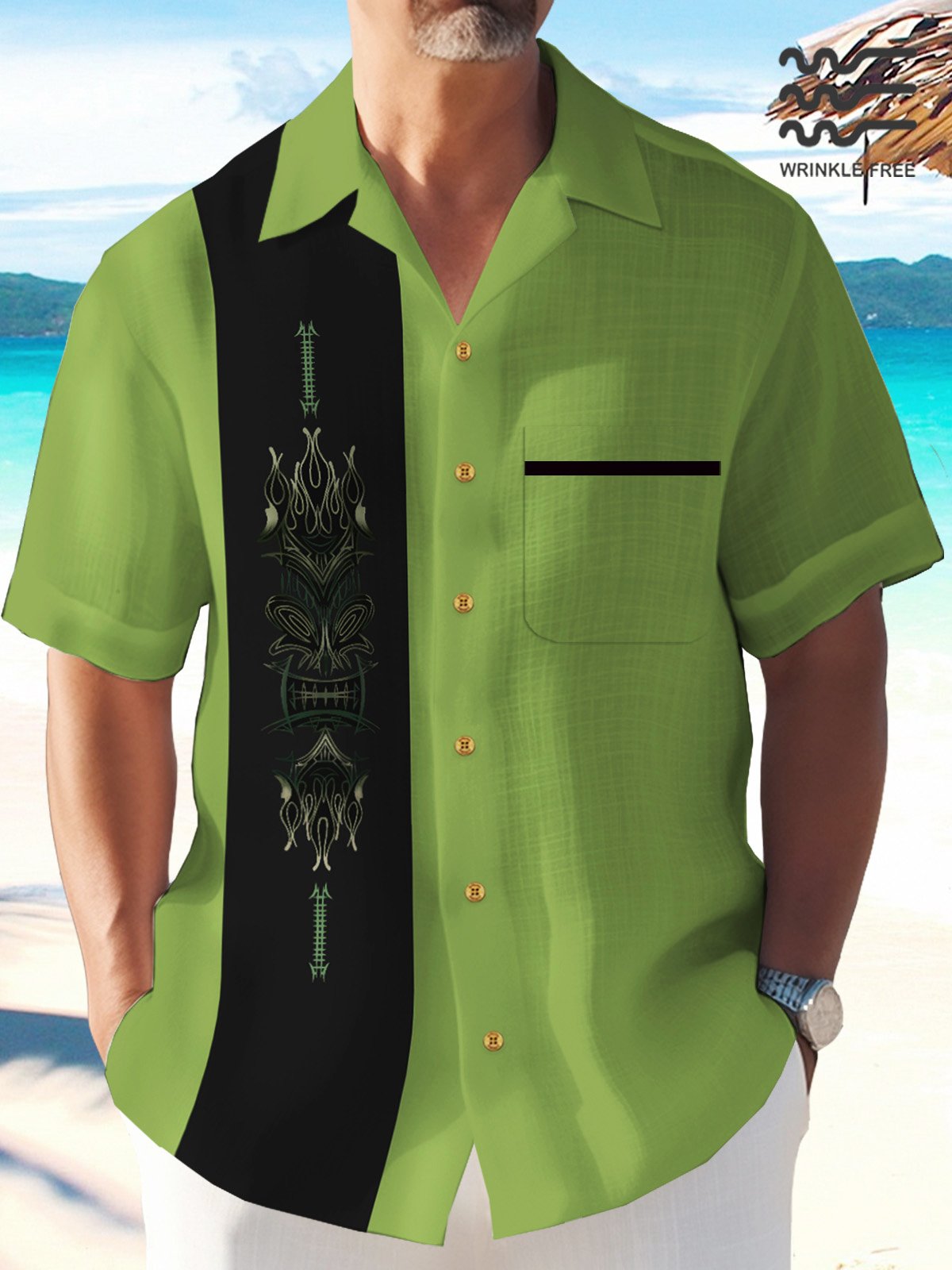 Royaura® Men's Pinstripe Tiki Panel BowIing Shirt Wrinkle Free Seersucker