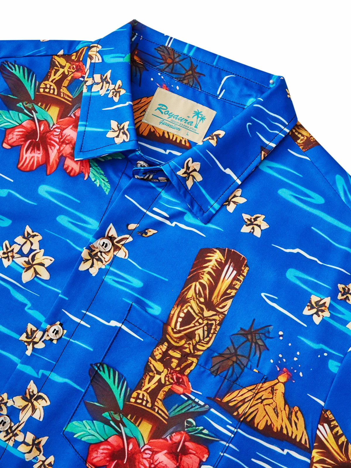 Royaura Hawaiian Plant TIKI Print Men's Button Pocket Short Sleeve Shirt