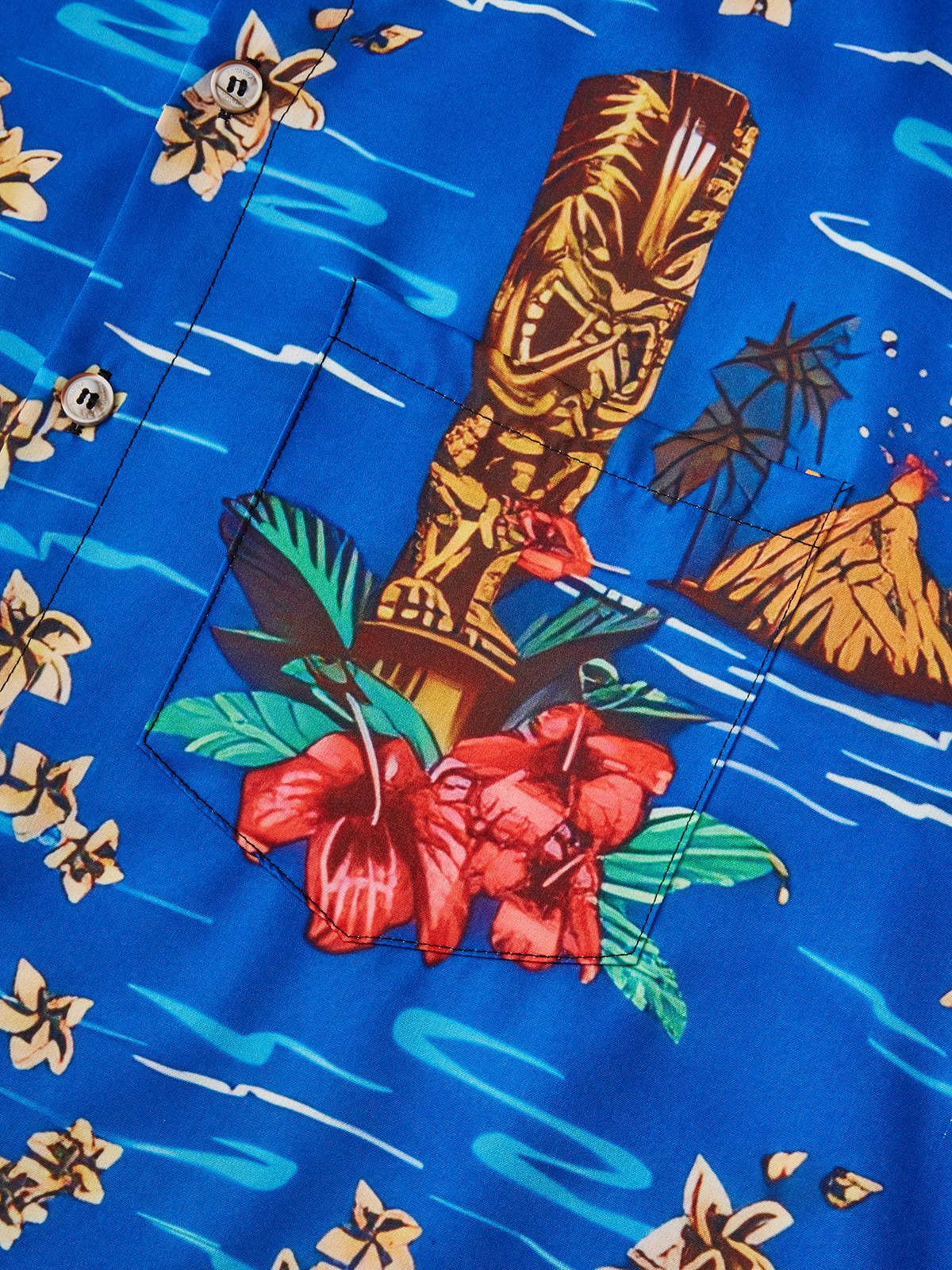 Royaura Hawaiian Plant TIKI Print Men's Button Pocket Short Sleeve Shirt
