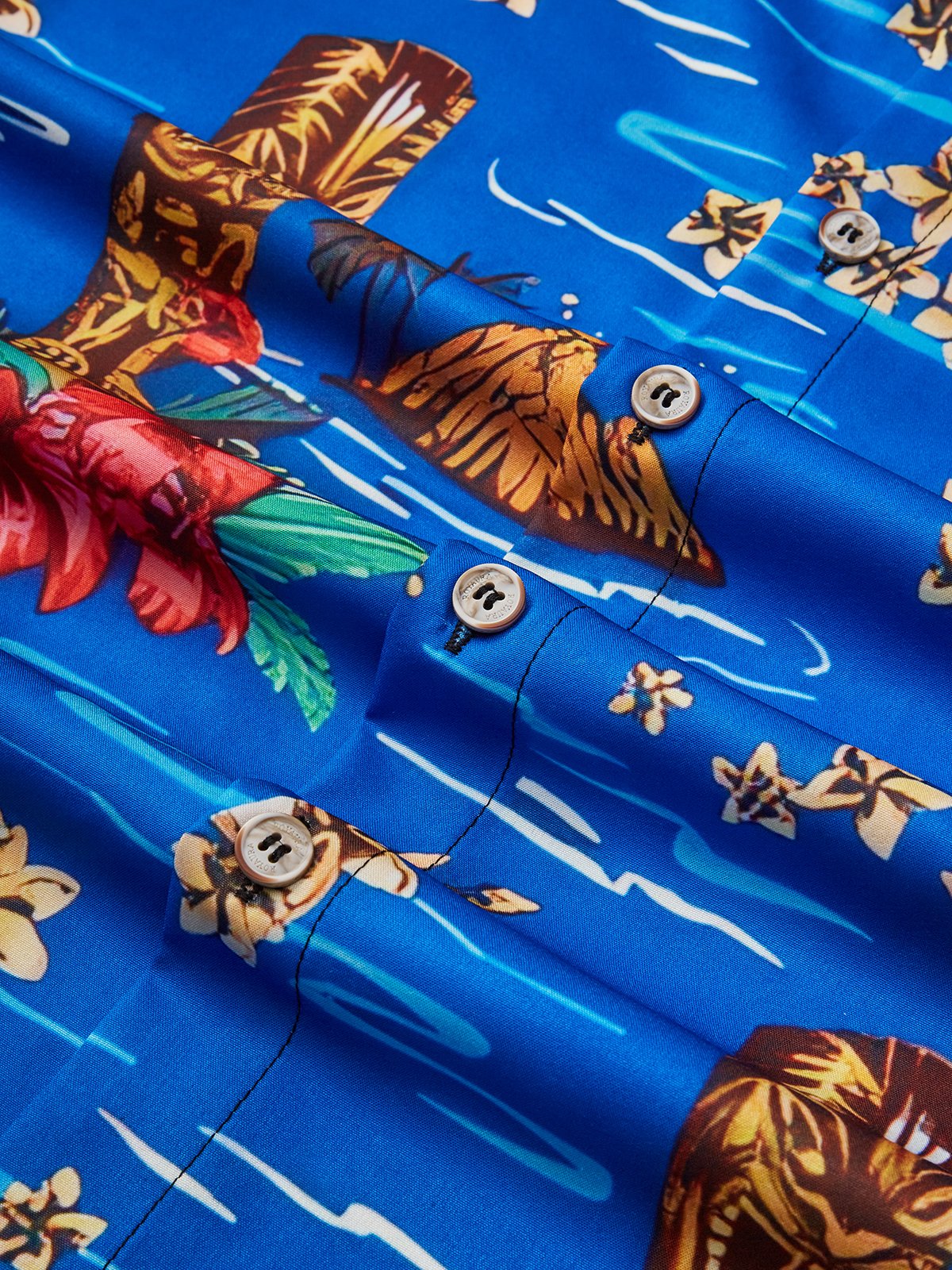 Royaura Hawaiian Plant TIKI Print Men's Button Pocket Short Sleeve Shirt